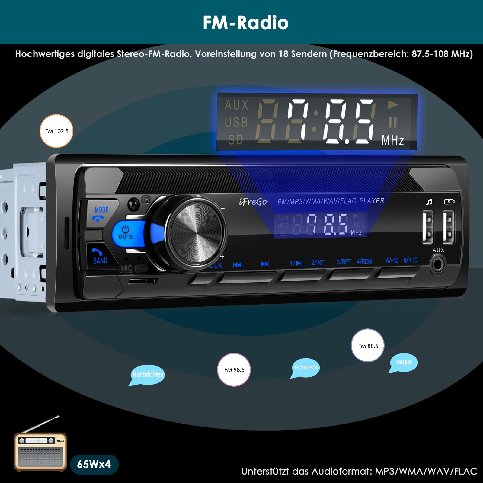 Autoradio Bluetooth 5.0, 7 Farben Auto Radio Bluetooth Freisprecheinrichtung, Autoradio 1Din mit 2 USB/TF/MP3 Player/AUX, FM Radio mit Schnellladefunktion,4x65W,Uhrzeitanzeige (Keine CD)