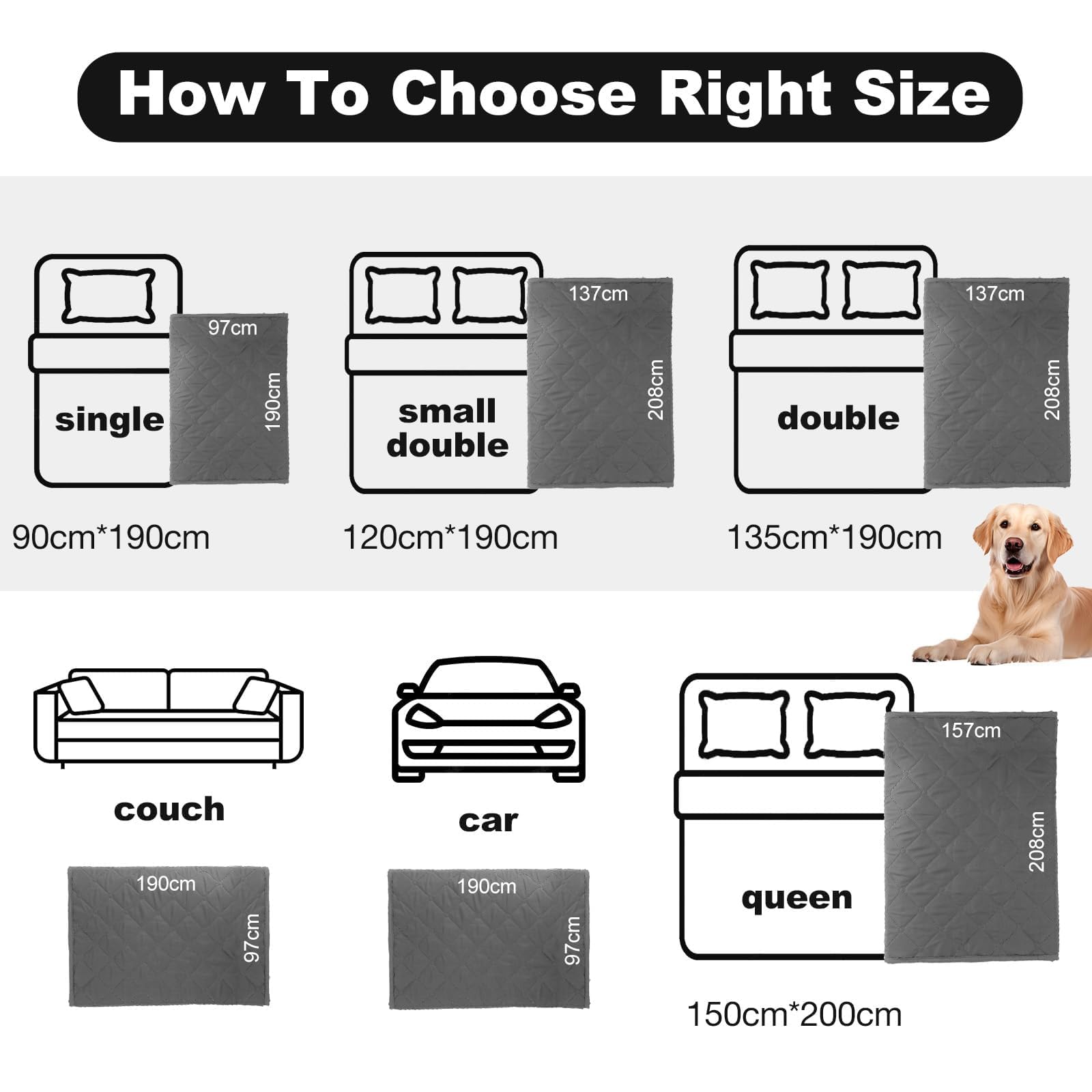Manta Impermeable para Perros y Gatos (137x208cm) Protector de Sofá y Cama, Alfombra para Mascotas Lavable, Manta Acolchada Suave y Reversible (Gris)