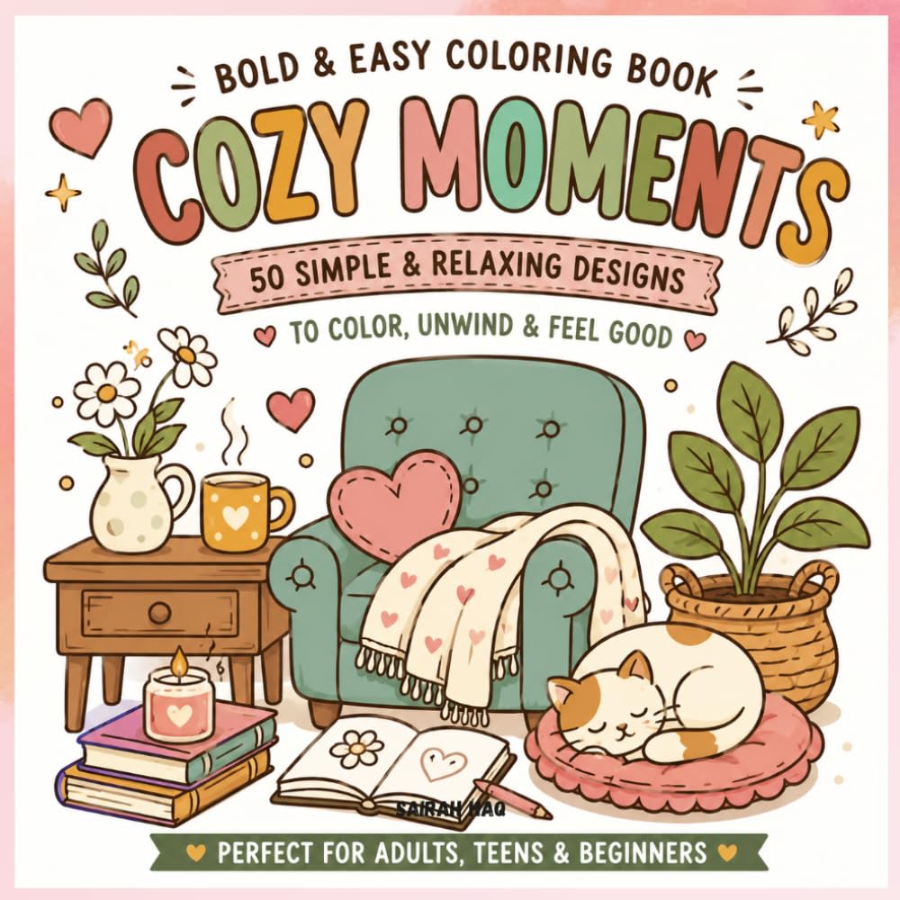 Cozy Moments: A Bold & Easy Coloring Book with Cute Comforting Scenes, Relaxing Designs, and Feel-Good Pages for Adults, Teens & Beginners