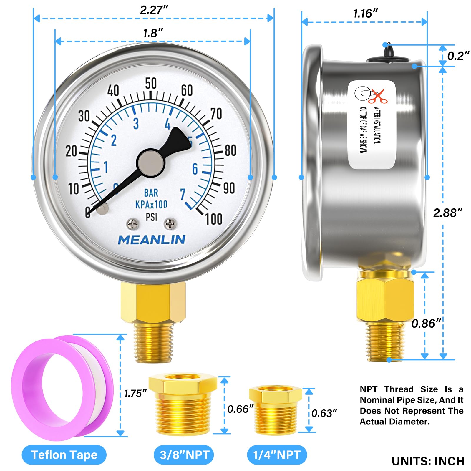 Stainless Steel Pressure Gauge - 0-100PSI Waterproof -2