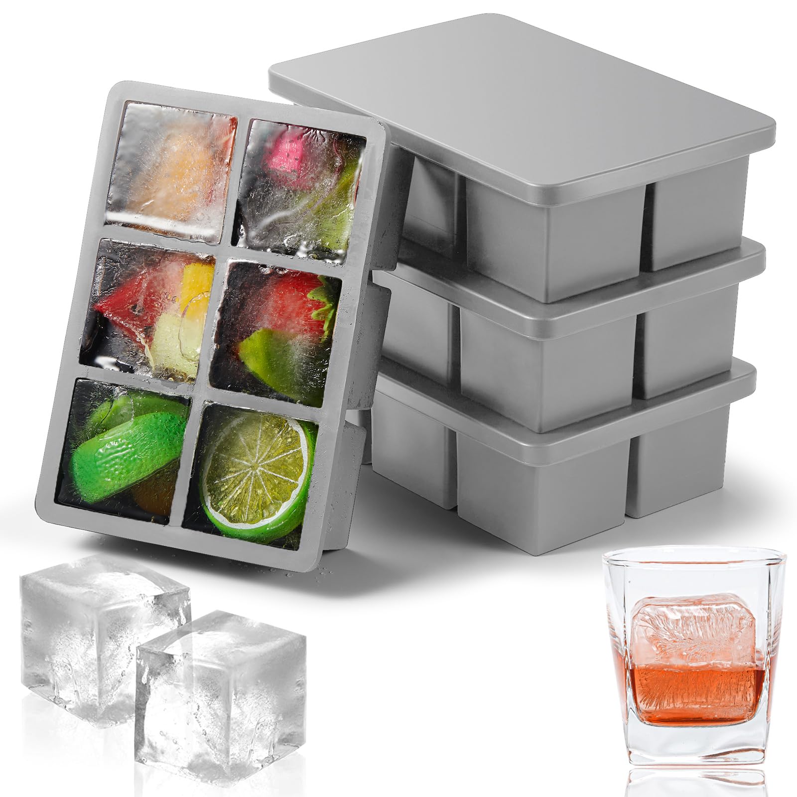 Nax Caki Silicone Large Ice Cube Trays with Lid Pack of 4, Stackable Big Square Ice Cube freezer Molds for Whiskey Cocktails Bourbon Soups Frozen Treats
