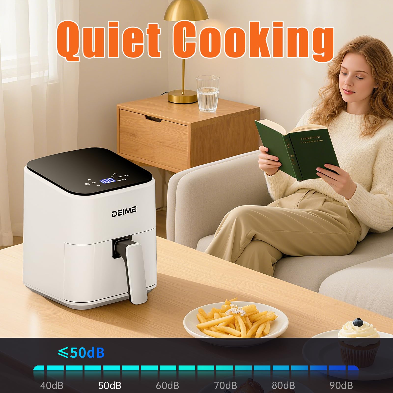 DEIME Air Fryer 2,5 l, kleine airfryer Digital Space Saving Compact, Bake, herverwarming, roosters voor Quick Easy maals, Mini Compact & Quiet, antiaanbaklaag & vaatwasmachinebestendig, basketbal (wit