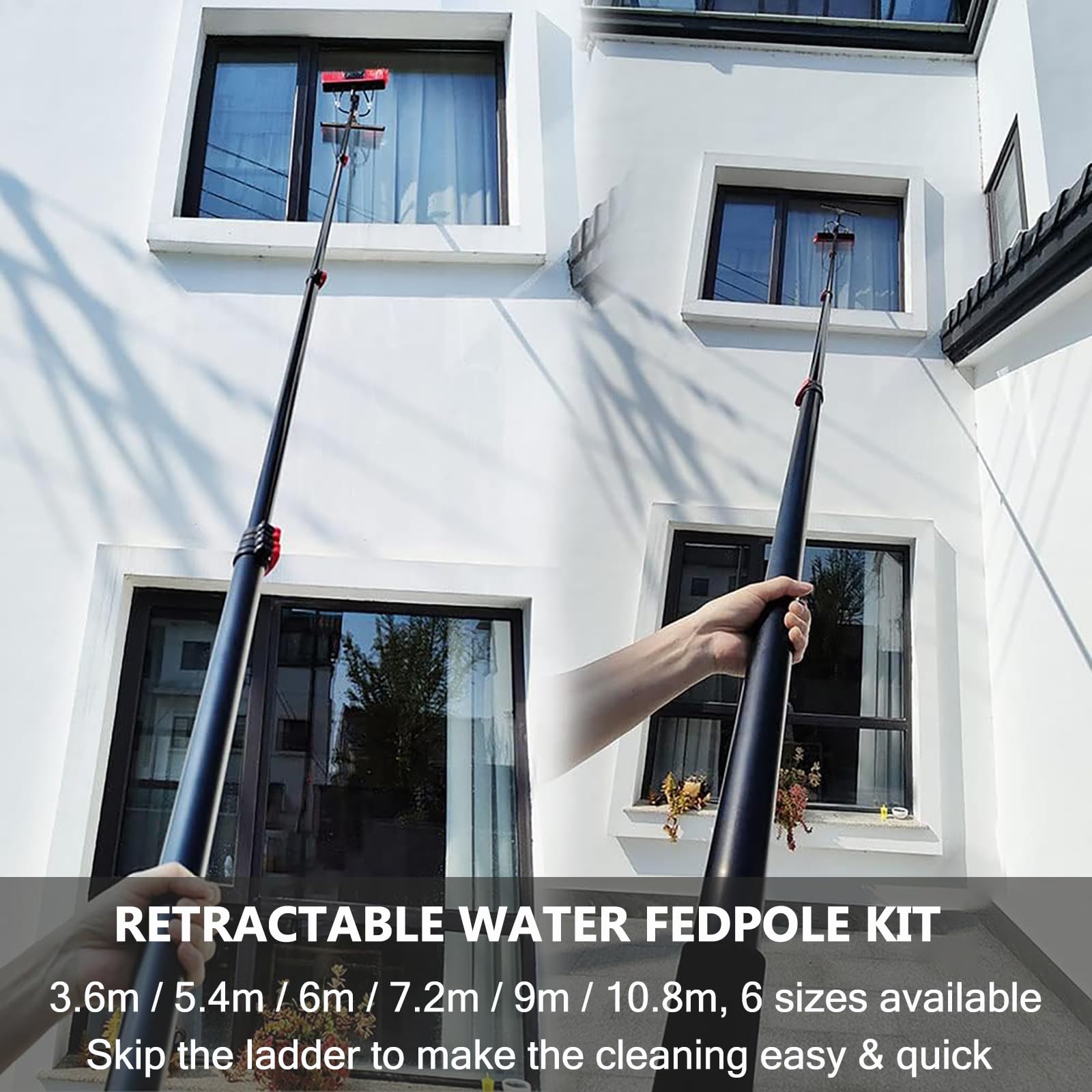 Genérico Cepillo telescópico para Ventanas de 3,6-10,8 m con alimentación de Agua, con escobilla de Goma y dispensador de jabón, hidrolimpiador, pértiga, Limpiador de techos de Invernadero