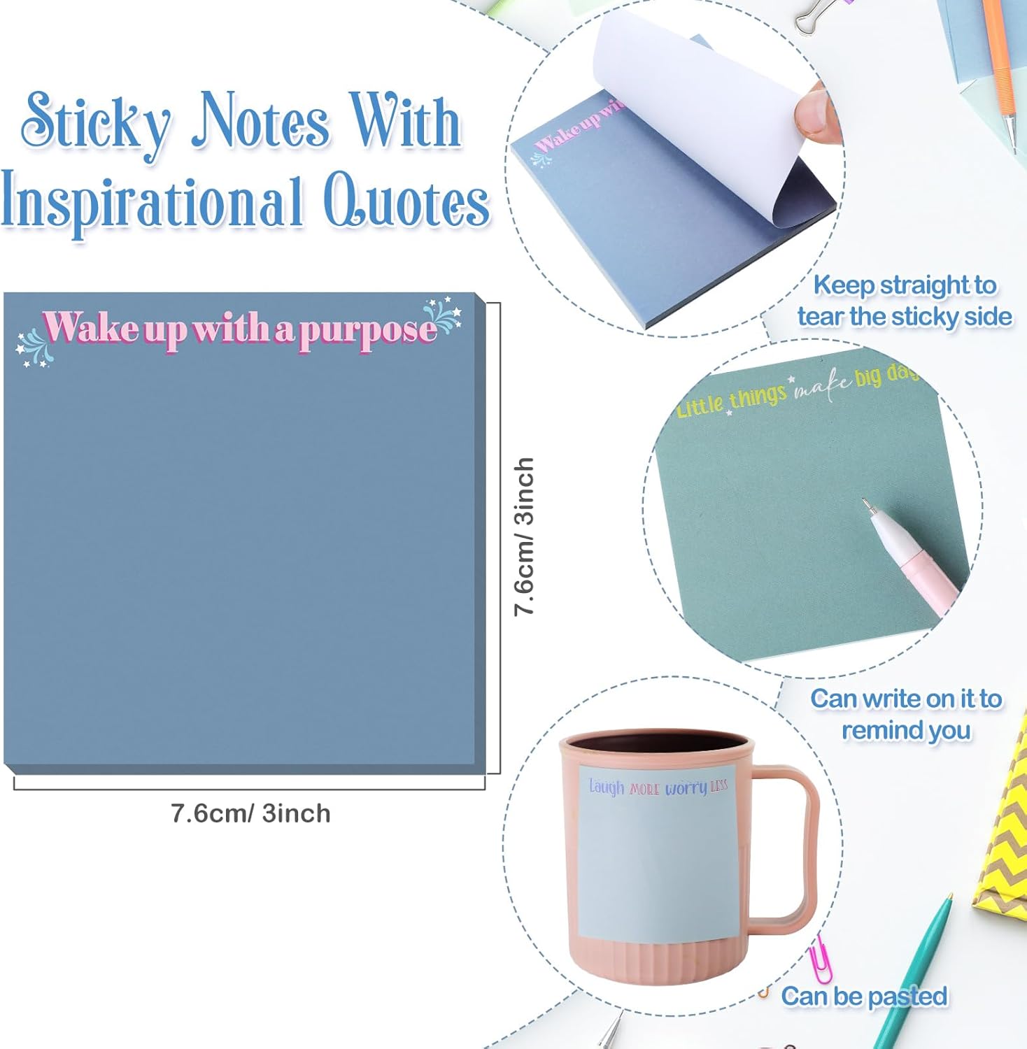 Zonon 60 Pcs Inspirational Sticky Notes 3 x 3 Inch Motivational Fun Notepads Gifts for Teacher Student Office Nurse Coworkers Positive Christmas Appreciation Supplies(Colorful)
