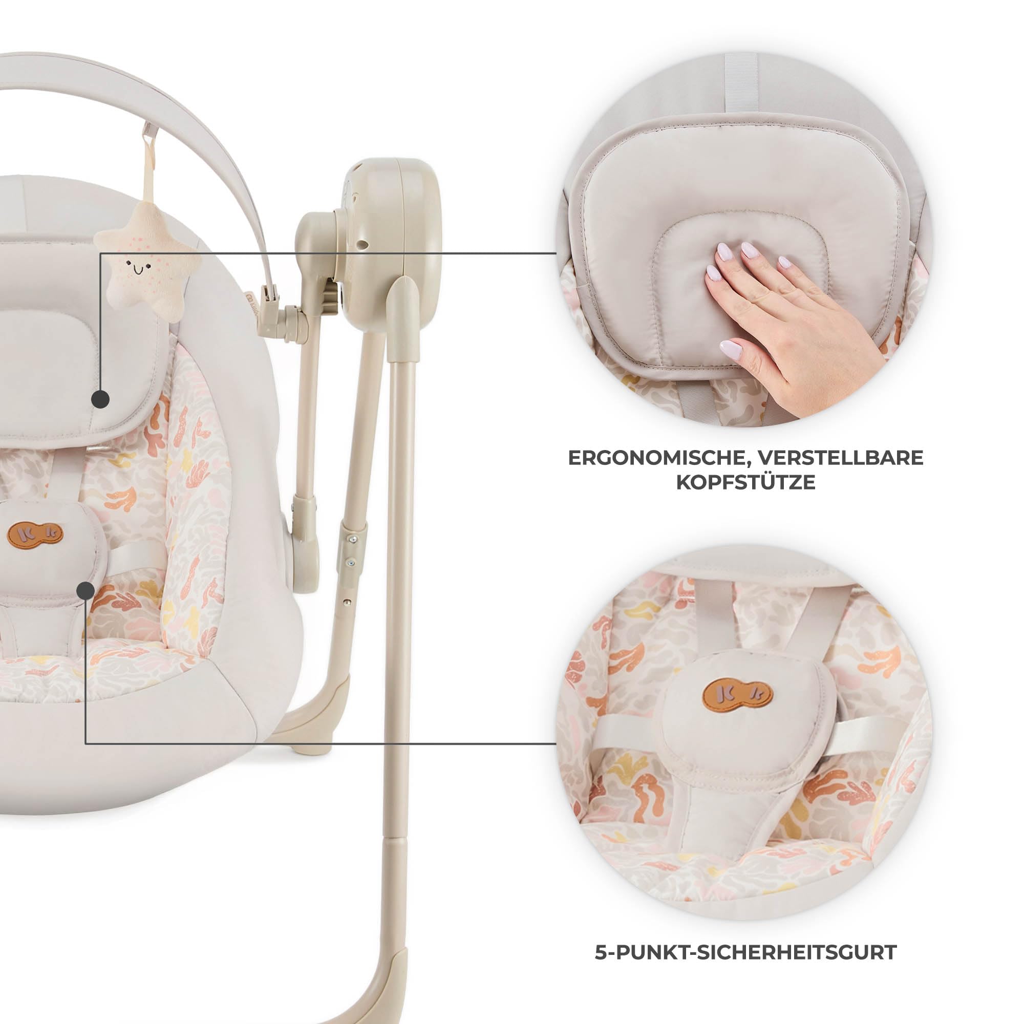 Kinderkraft SWINGEE Elektrische Babywippe, mit Schwingfunktion, eingebauter Timer, verstellbare Rückenlehne, 8 integrierte Beruhigungsmelodien, leicht und klappbar, Beige