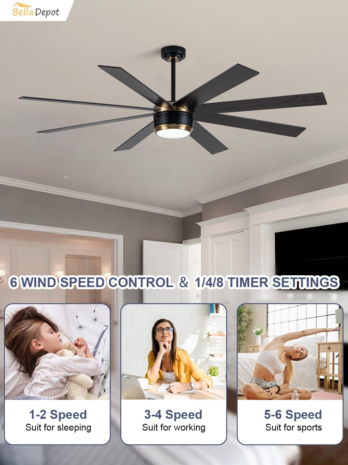 Bella Depot 72" Black and Gold Ceiling Fan Large Chandelier Fan with Light, 6-Speed, Reversible, Timing Option - Ideal for Large Living Room, Garage, and Covered Patio