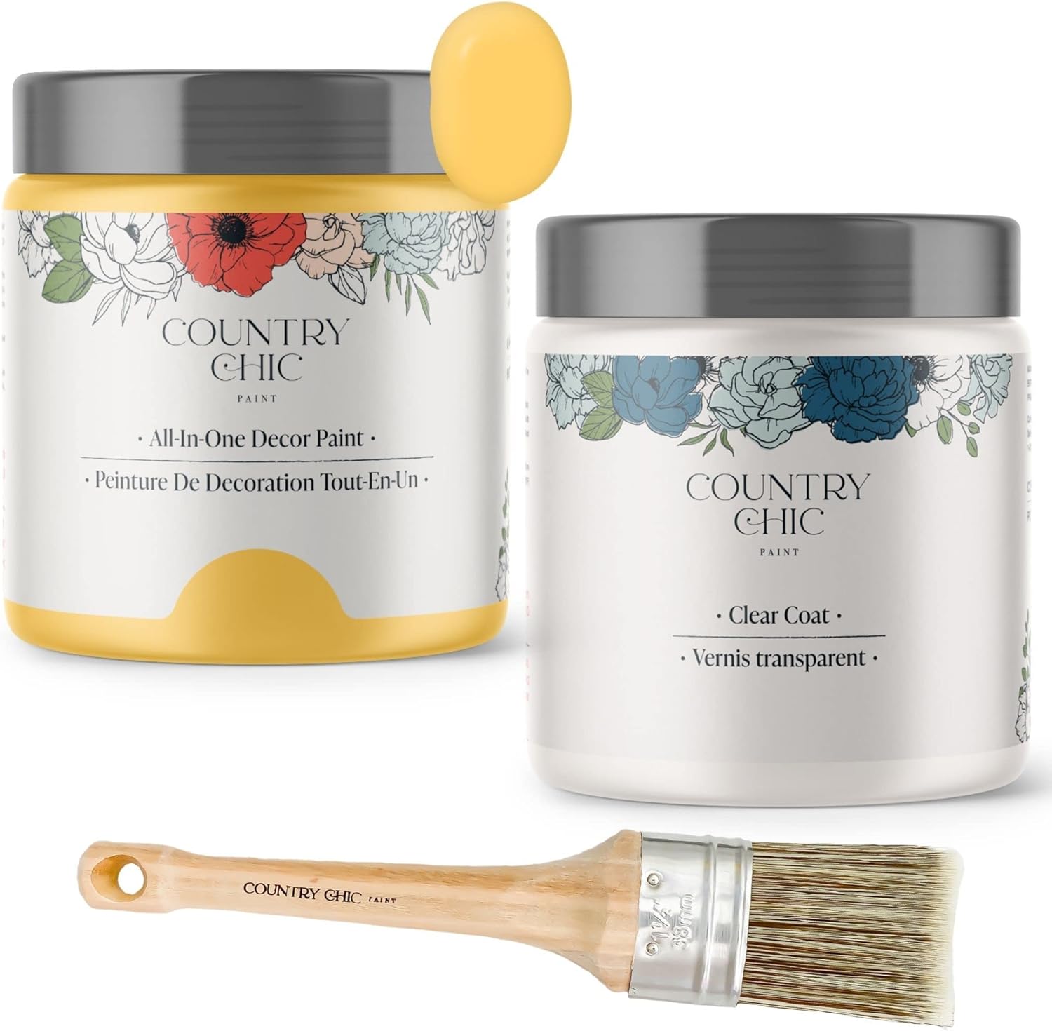 Chalk Style Paint + Clear Coat + Paint Brush Bundle - for Furniture, Home Decor, Crafts (Color: Yellow Wellies [pint - 16 oz] - Bright Yellow)