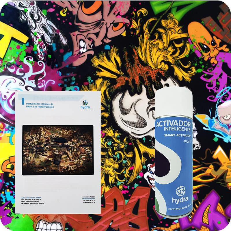 Podstawowy zestaw hydrograficzny do dippingu hydrograficznego: Aktywator w sprayu 400 ml Instrukcje + Folia Hydrograficzna. Wymiary: Szerokość: 100 cm. Długość: 400 cm