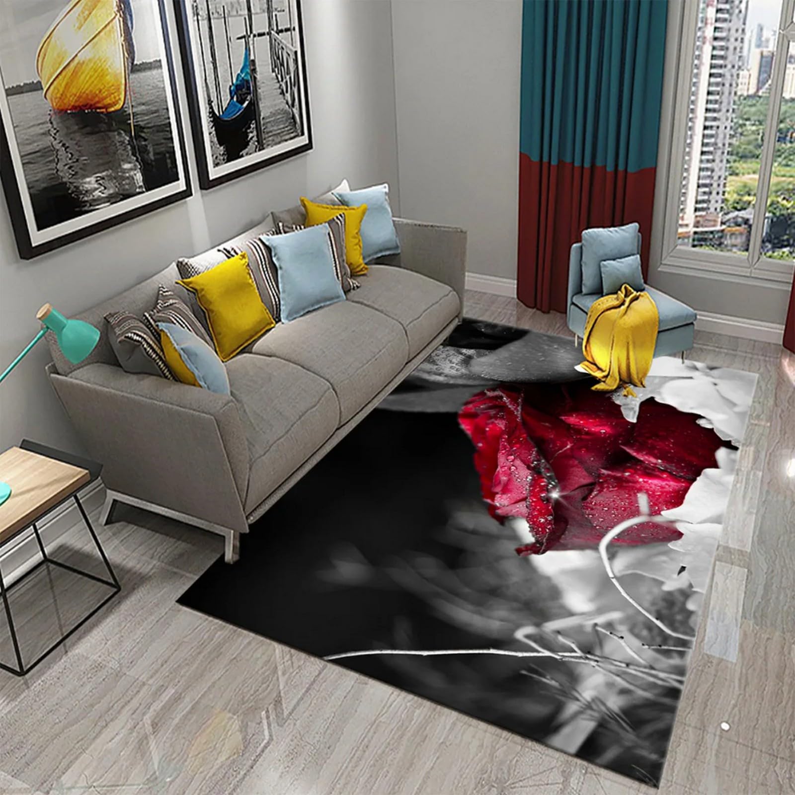 Tapis de zone 3D rose fleur pour créer un coin cocooning sous le canapé