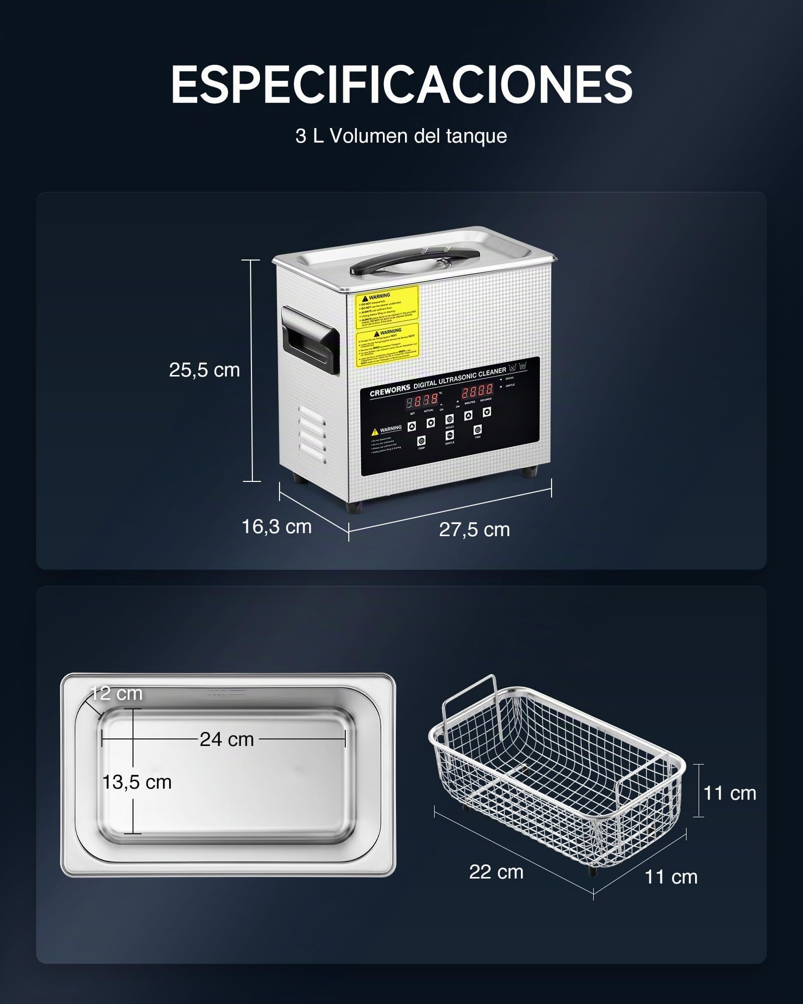 CREWORKS 3L 120W Limpiador Ultrasonidos con Calefacción Temporizador Maquina de Limpieza Ultrasonidos Acero Inoxidable para Prótesis Dentales, Joyas, Gafas, Relojes