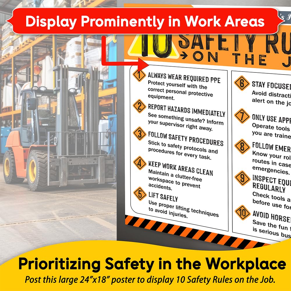 Poster "10 Safety Rules on the Job" Version 2025 - 45,7 x 61 cm, langlebiges laminiertes Sicherheitsschild, reißfest, wasserdicht, Arbeitsplatzsicherheitsposter für Industrie und Baueinstellungen (5