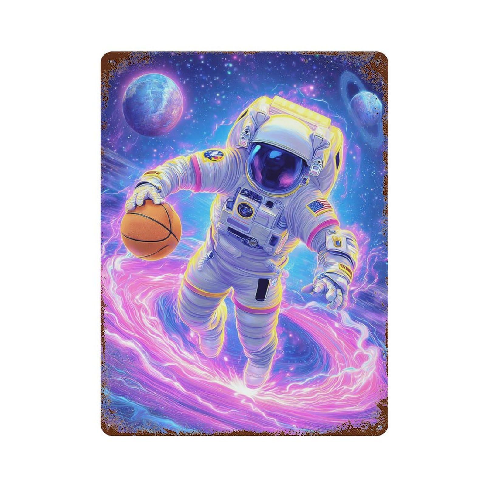 Vintage Rust Metal Sign Cosmic Basketball Astronaut Art 15.7"x11.8", Novelty Wall Decor for Office, Studio And Wall Decor