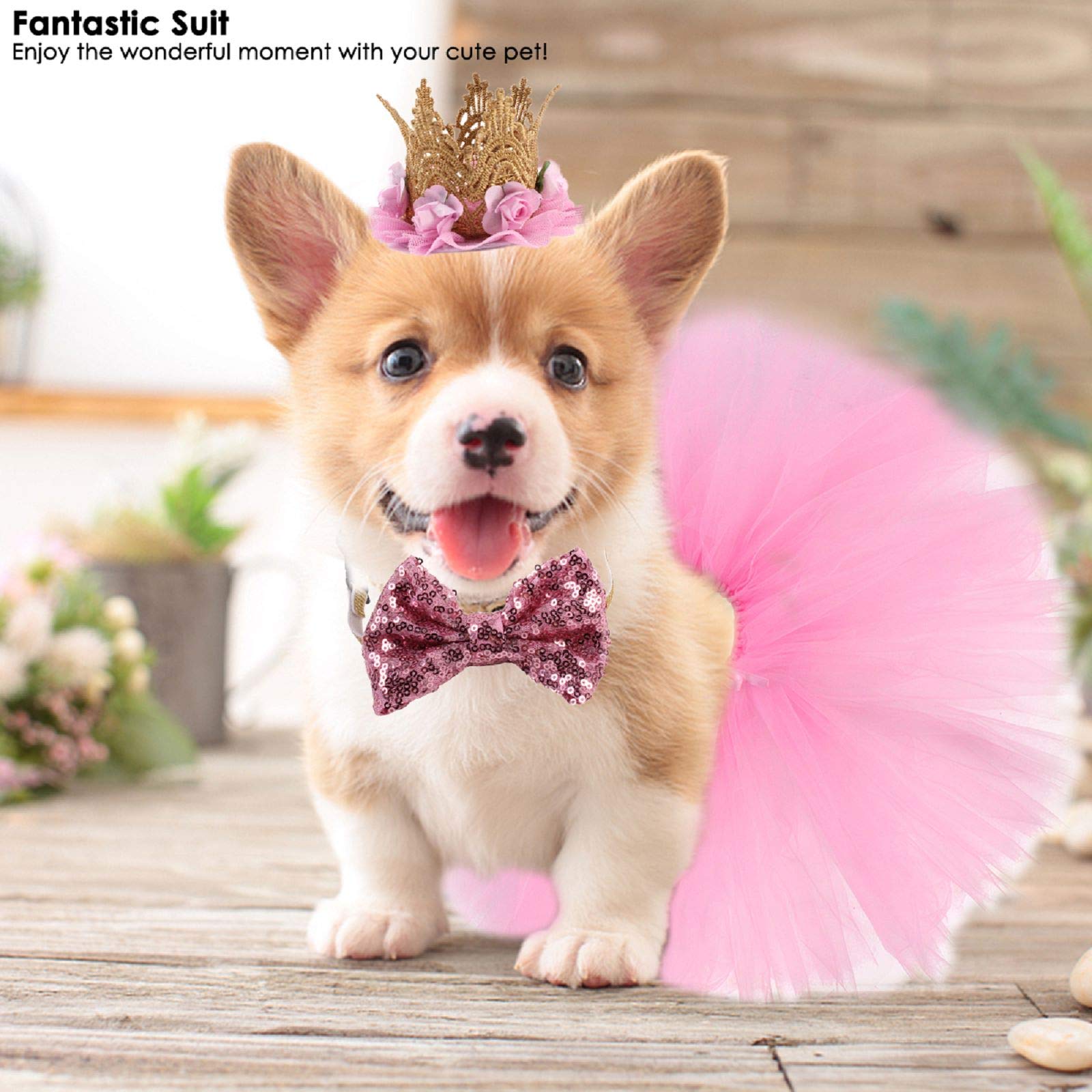 Costume de Chien 3 Pièces,Rose Jupe Tutu Couronne Chapeau Paillette Noeud Papillon,Mignon Noeud Jupe Tutu pour Petits Chiens et Chats