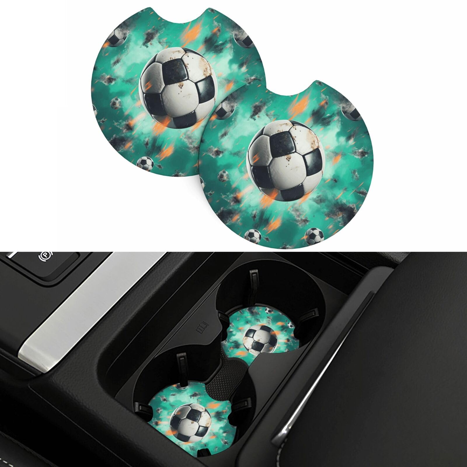 Soccer Car Coasters 2 Pcs, Universal Non-Slip Rubber Car Cup Holder for Cup Holders, 2.75 Inch Neoprene Cup Pad Mat Coaster Car Interior Accessories for Women Men