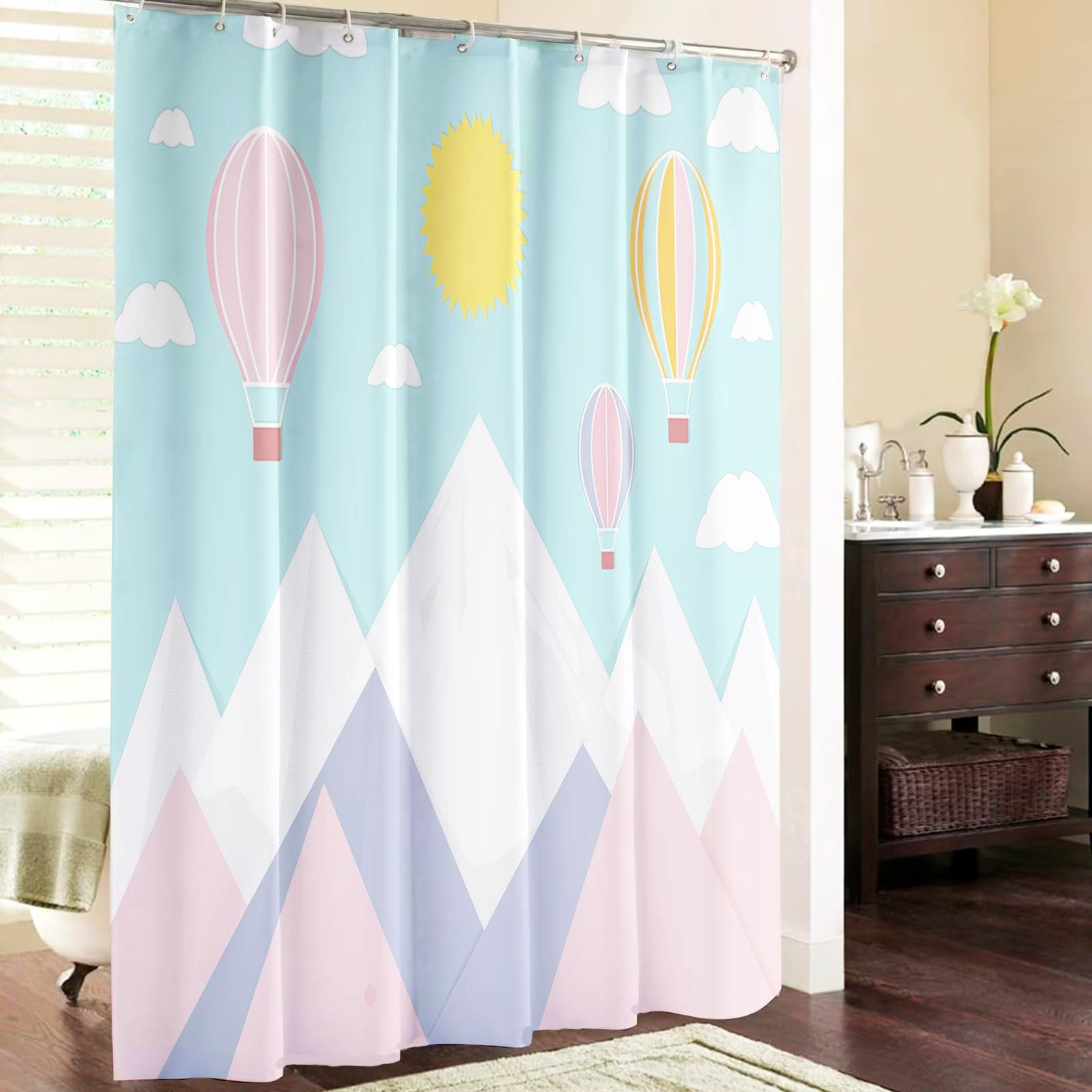 Cortina de Ducha Montañas240x200cm,Globo Aerostático Lavables Cortina de Baño,Poliéster Textil Impermeable Cortina Ducha para Bañera con 12 Ganchos