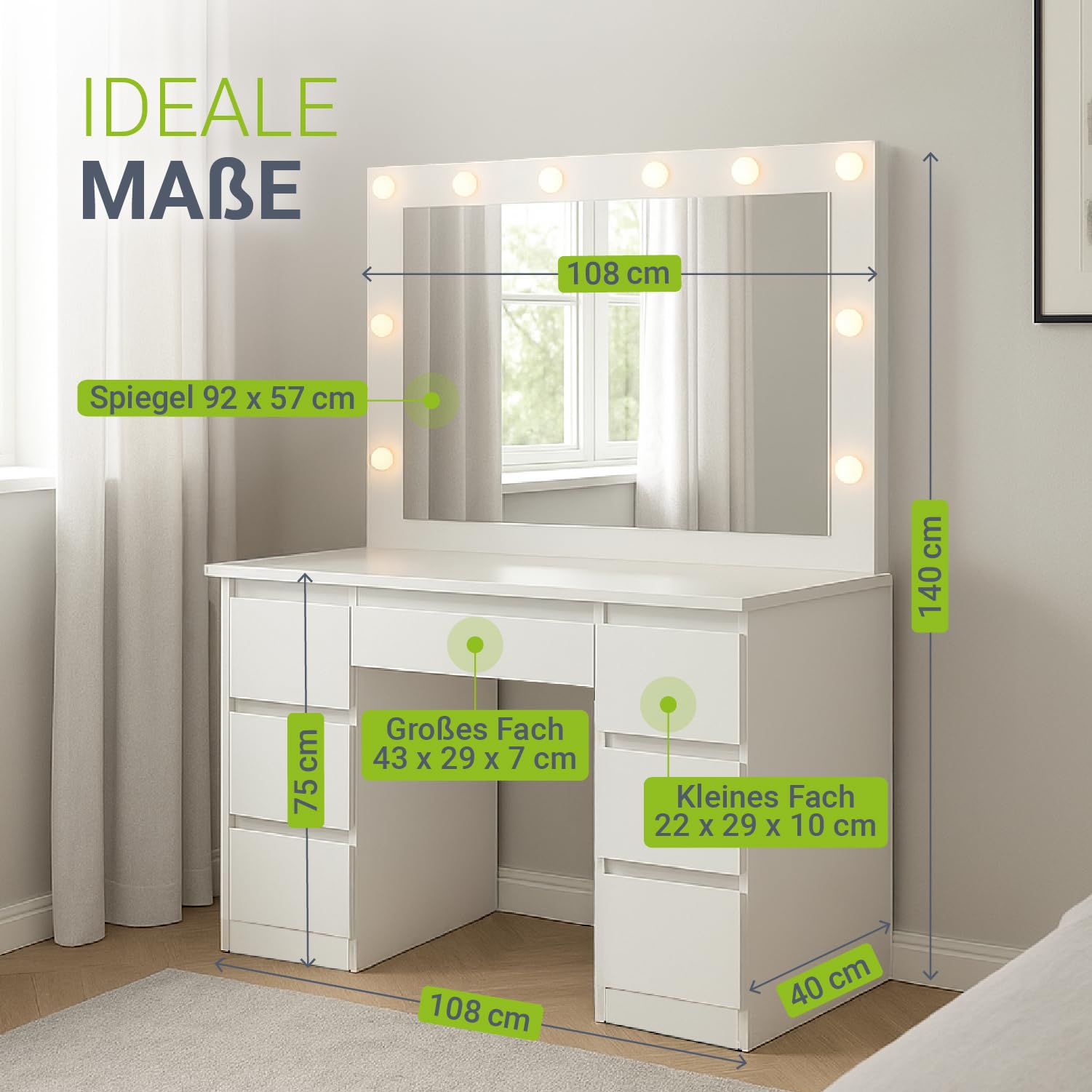 Juskys Toeletta Lilia con specchio LED, 7 cassetti, 3 livelli di luce, molto spazio, design moderno, compatta e facile da pulire per il trucco – Bianco