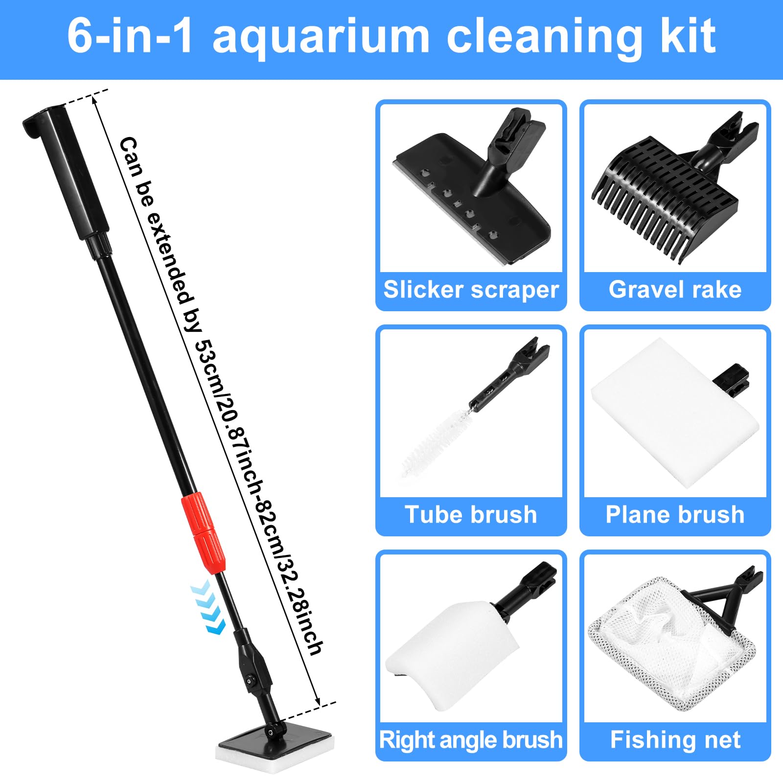 FALESOUL Fish Tank Cleaning Kit, 6 in 1 Algae Remover for Fish Tank, Aquarium Cleaning Kit with Long Handle, Aquarium Net, Gravel Rake, Algae Scraper, Sponge Brush, Saltwater & Freshwater Fish Tank