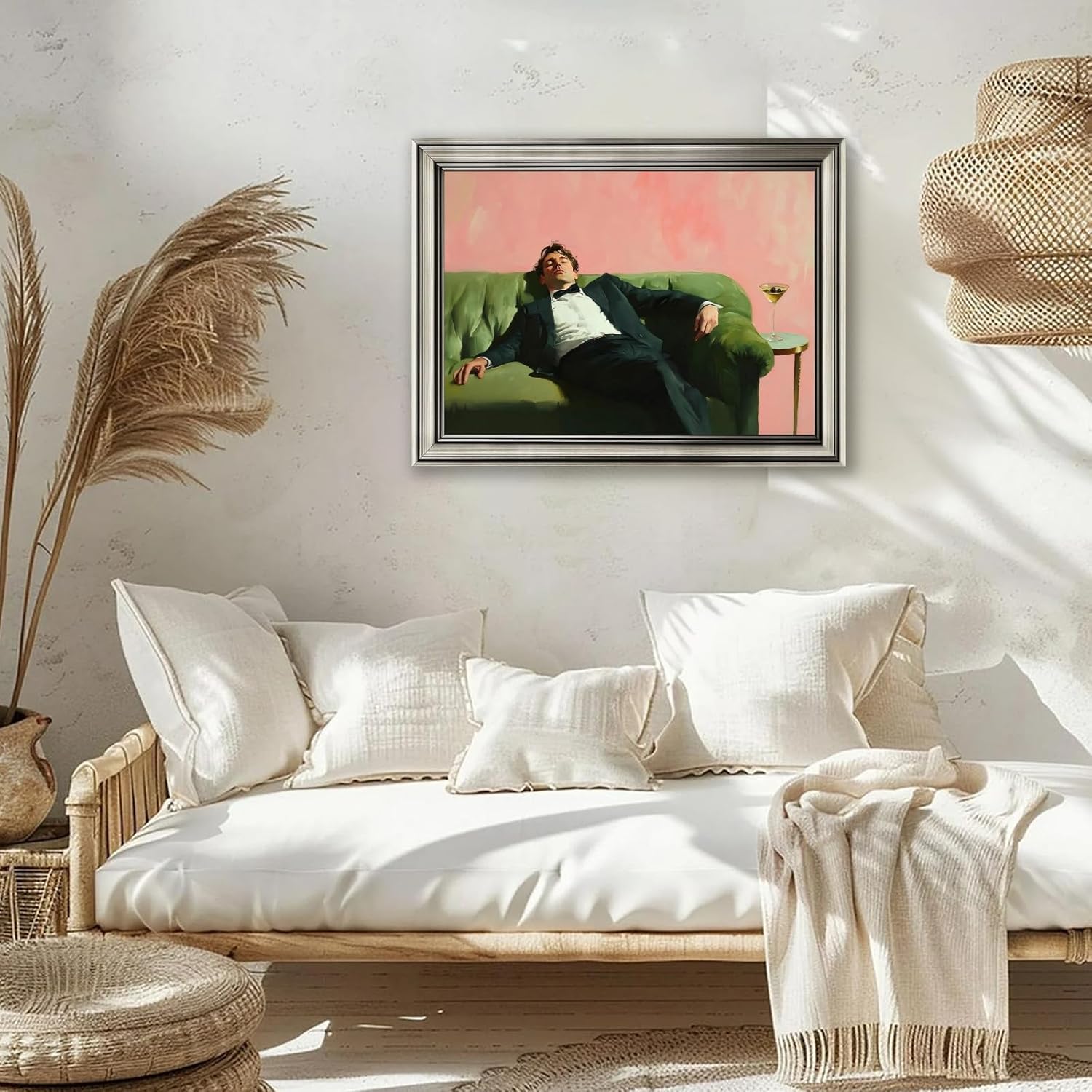 Framed Man on Couch with Martini Wall Art Soft Tonal Oil Painting Cocktail Poster Relaxing Bar Cart Decor Trendy Vintage Aesthetic Canvas Print Picture for Home Room Kitchen Lounge 24x36inch Silver