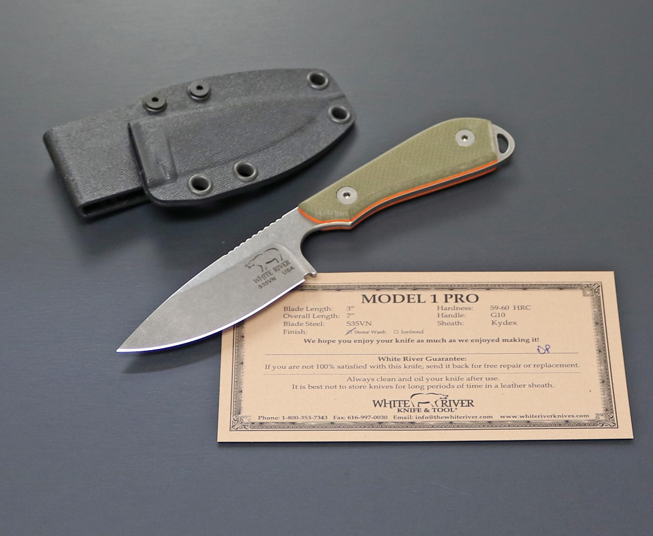 WhiteRiver Model 1 Pro Green/Orange Textured G10 Handle WRM1-TGO