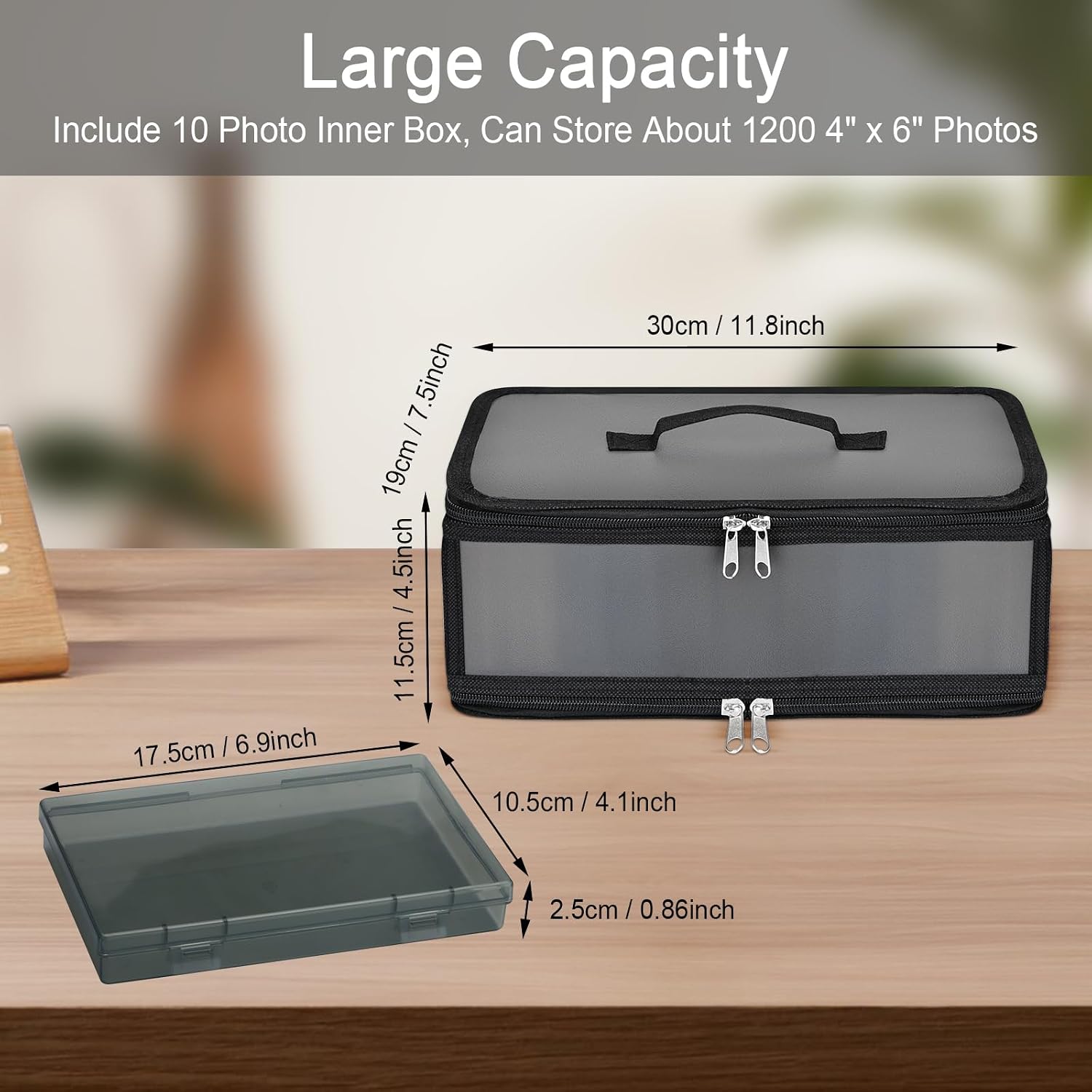 Photo Storage Box with 10 Inner 4" x 6" Black Photo Cases, Waterproof Craft Keeper with Handle, Organizer Container Box with 1 Sheet Label Sticker for Picture Seeds Craft Supplies