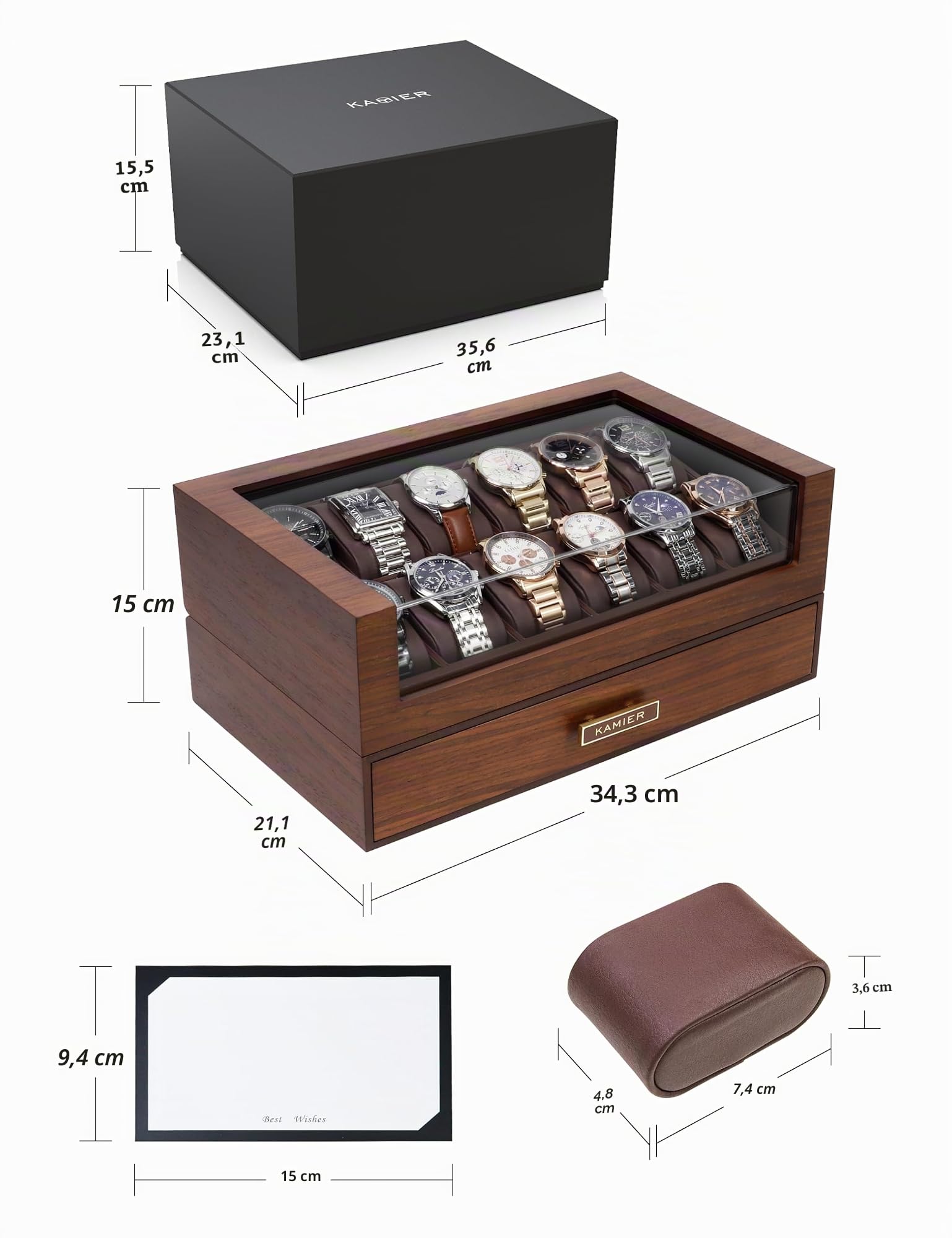 KAMIER Uhrenbox Herren mit 12 Fächern, Luxuriöse Groß Echtholz Watch Box 2 Ebenen, Uhrenkasten mit herausnehmbaren Uhrenkissen und Schublade, Premium Uhrenkoffer mit Glasdecekel (mit Geschenkbox)