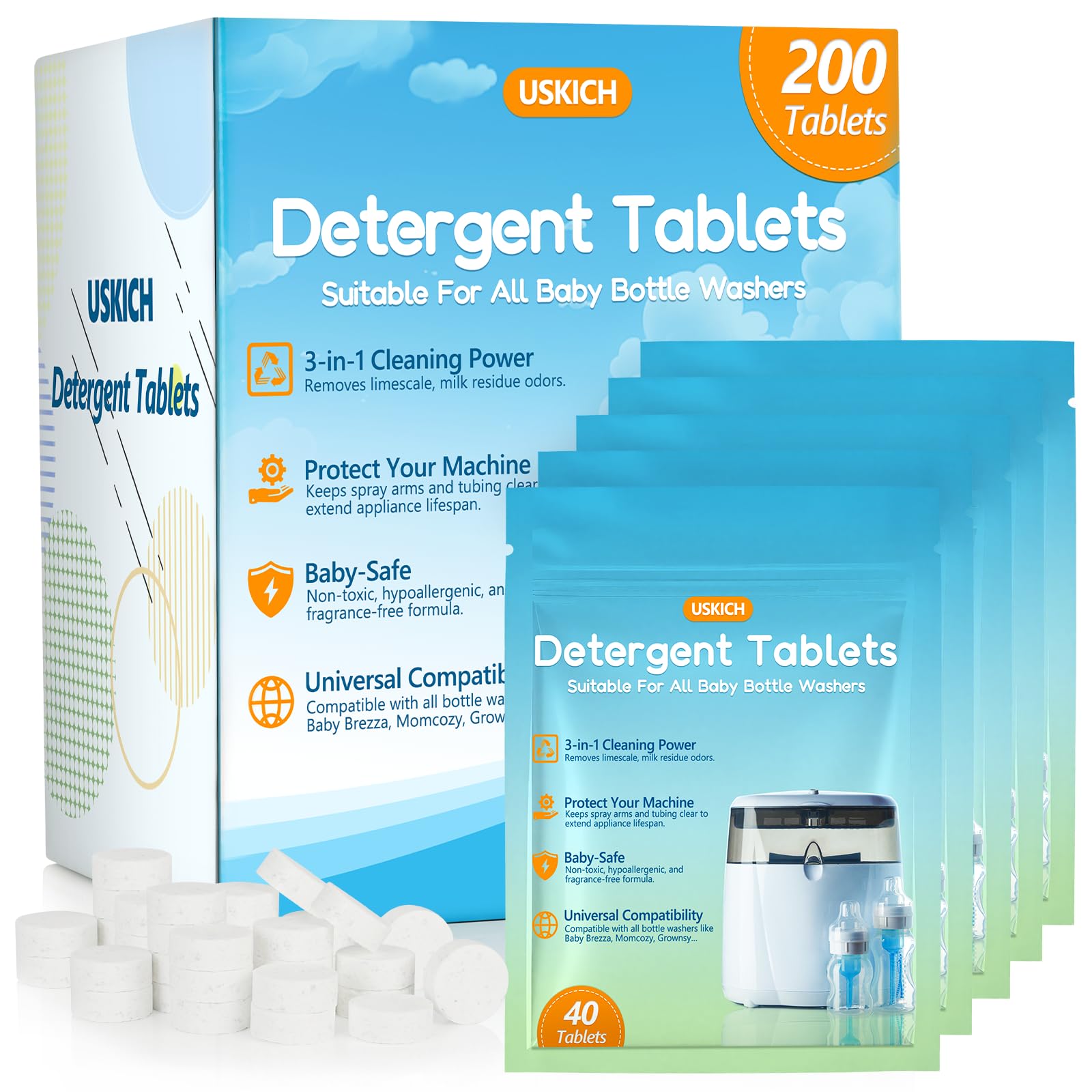 200Pcs Detergent Tablets for All Baby Bottle Washers, Deep Cleaning Momcozy Washer Tablets for Bottle Washer,Sterilizer,Dryer Like Brezza, GROWNSY-Easy to Use,Effective Cleaning with Safe