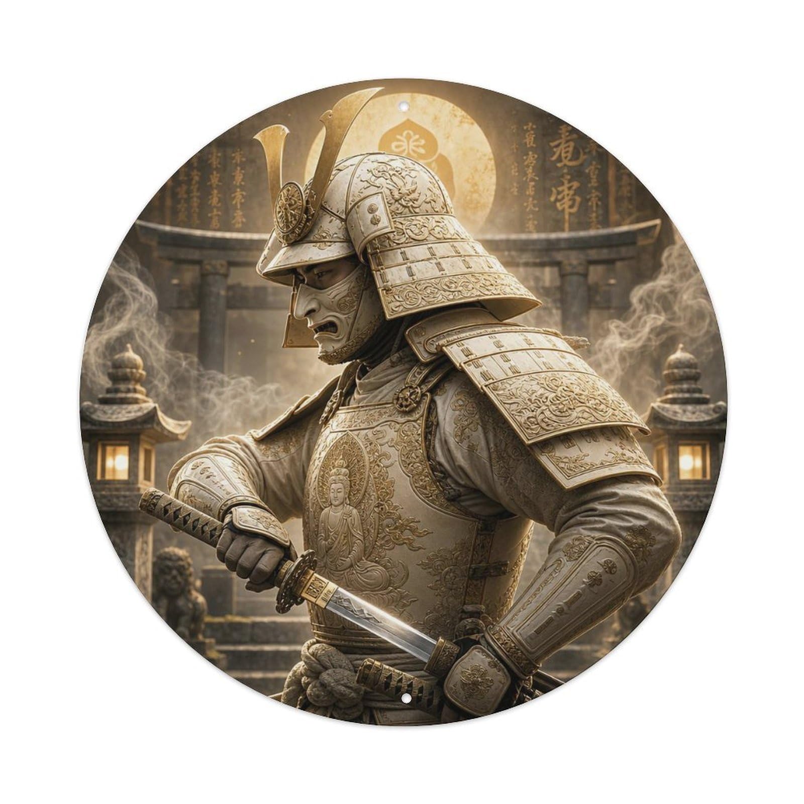 Okngb Style Crimson Ivory Motion Bone Side Draw Feudal Japan Guard Metal Tin Sign Plaque Wall Decor For Cafe, Man Cave, Club Bar, Office, Home Garden Round Metal Poster 8X8inch