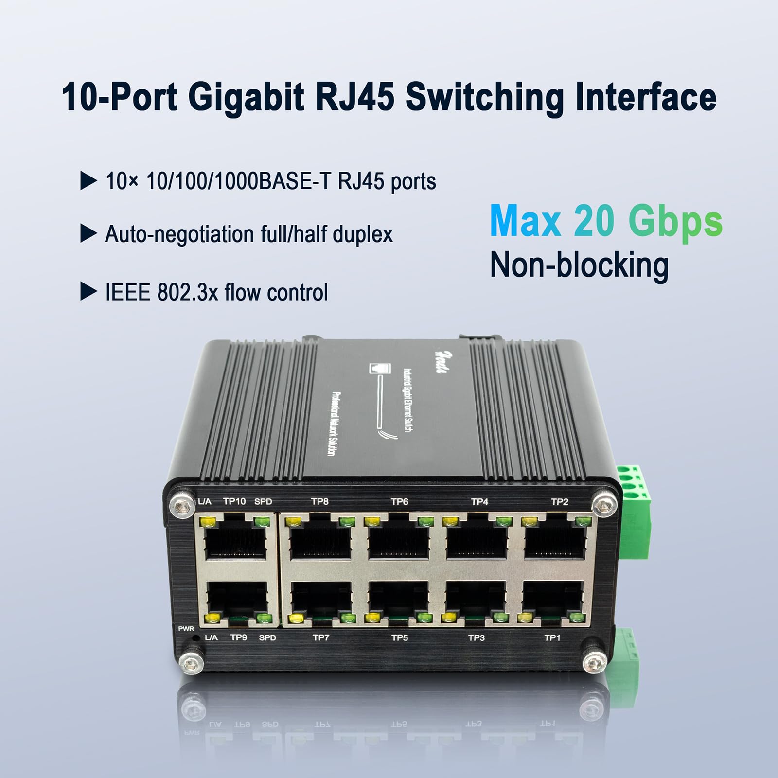 Switch Ethernet Gigabit de 10 Puertos, Industrial Conmutador Gigabit con 10 x RJ45 Puerto, 10/100/1000 Mbps, No Gestionado, Plug & Play, Admite una Entrada de 12–48 V CC