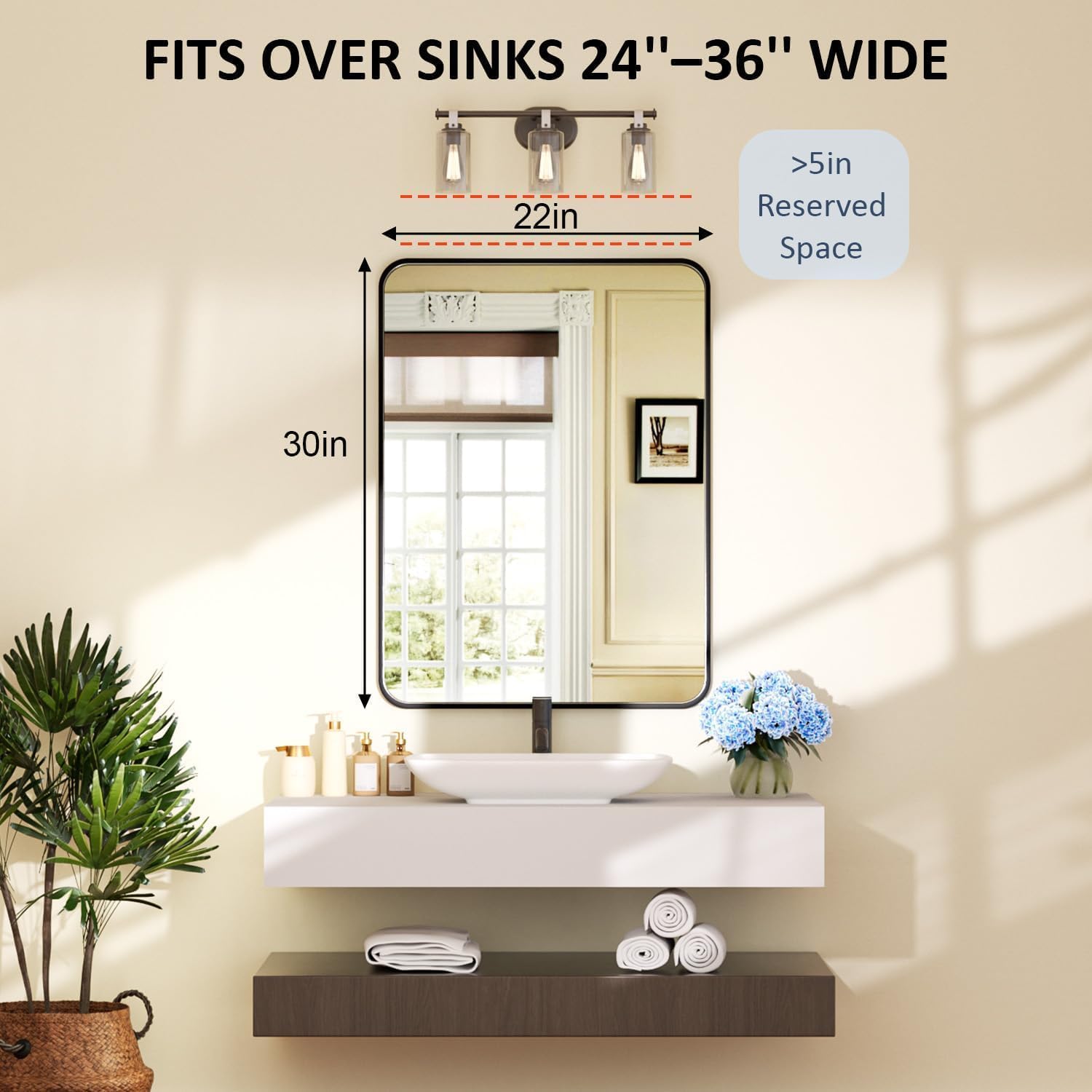 22×30 black bathroom mirror for over sink - rectangular bathroom vanity mirror for wall with rounded corners & metal frame, tempered-glass, modern, farmhouse, horizontal/vertical, bedroom, entryway 22"l x 30"w black – raised frame