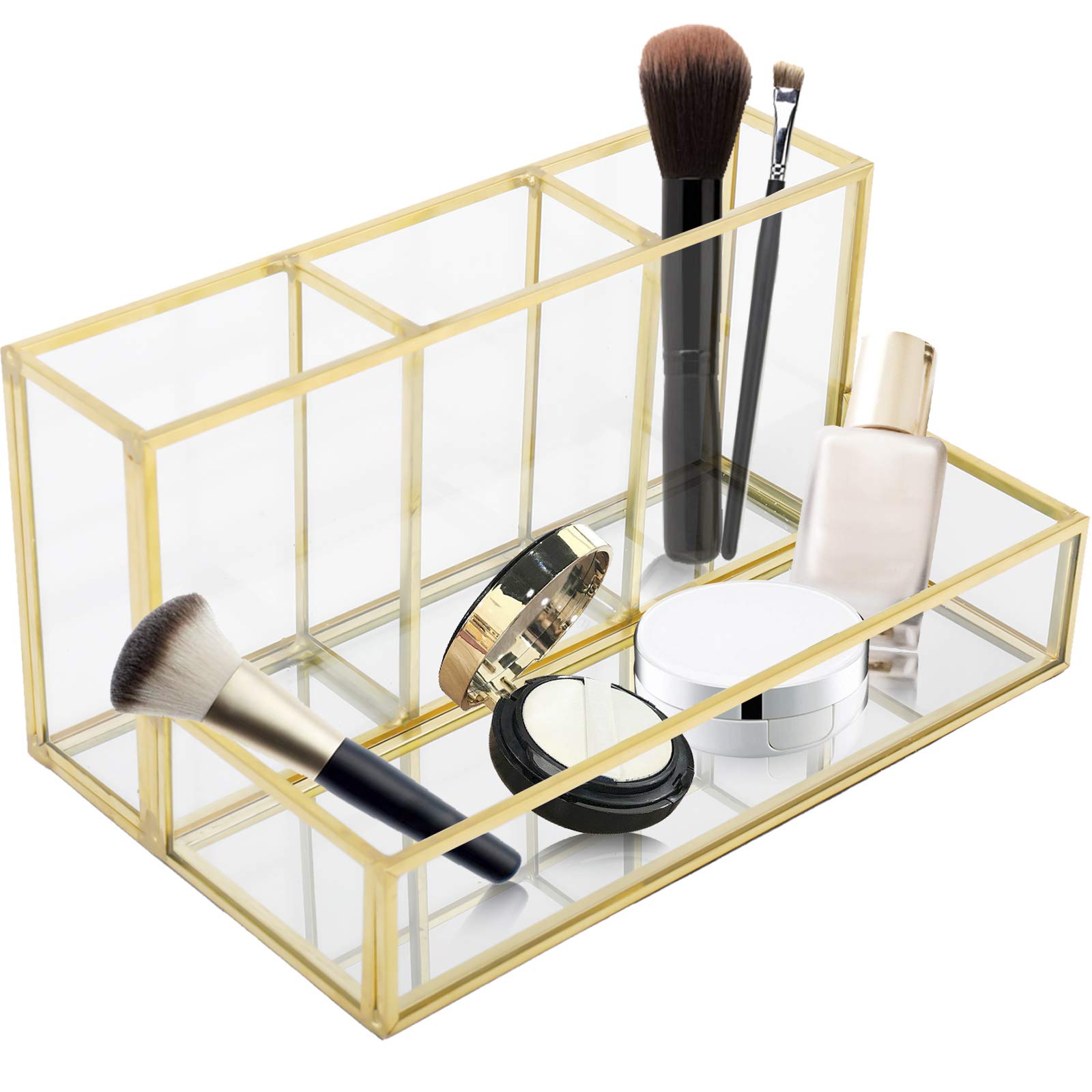 Homtone 4 Compartments Makeup Brush Holder,Vintage Clear Glass Cosmetic Brush Makeup Organizer with Mirror Tray for Storage Perfume Nail Polish Lipsticks