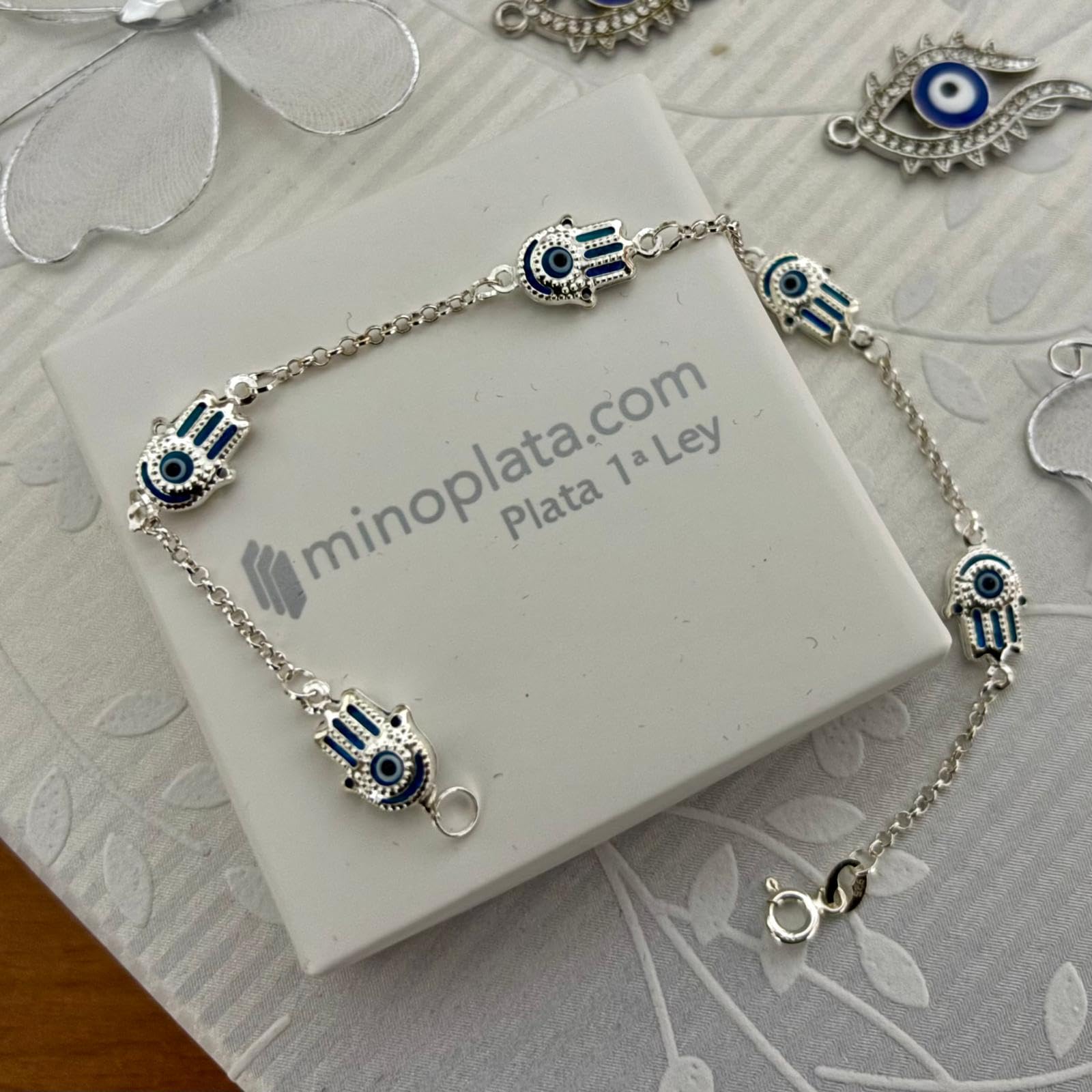 Pulsera Mano de Fátima con Ojo Turco, Plata de Ley 925, Cadena Rolo, 19 cm, Caja de Regalo