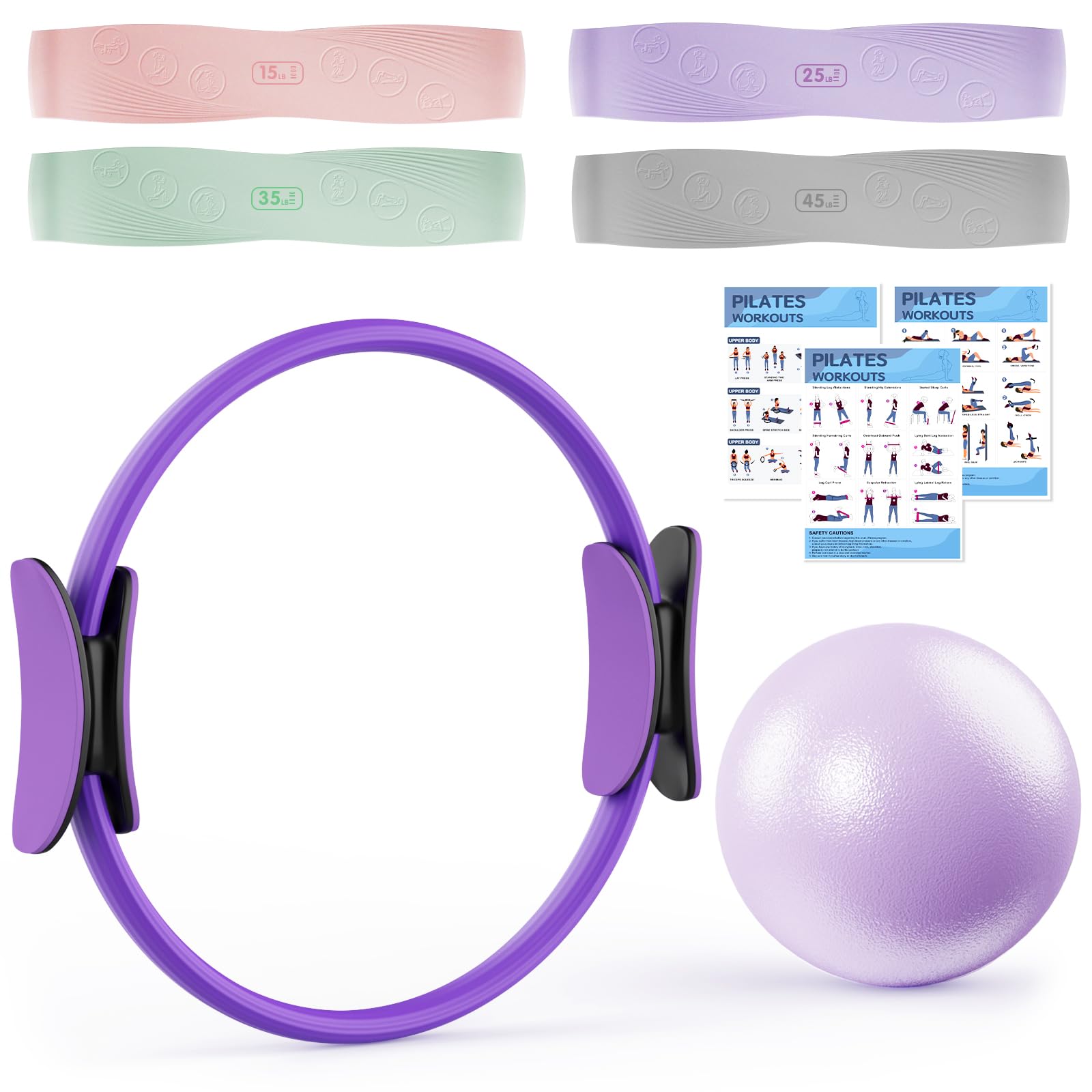 Set Anneau Pilates avec Cercle Pilates, 4 Bandes Résistance 15-45 LB, Mini Ballon Anti-éclatement, Kit Pilates Maison