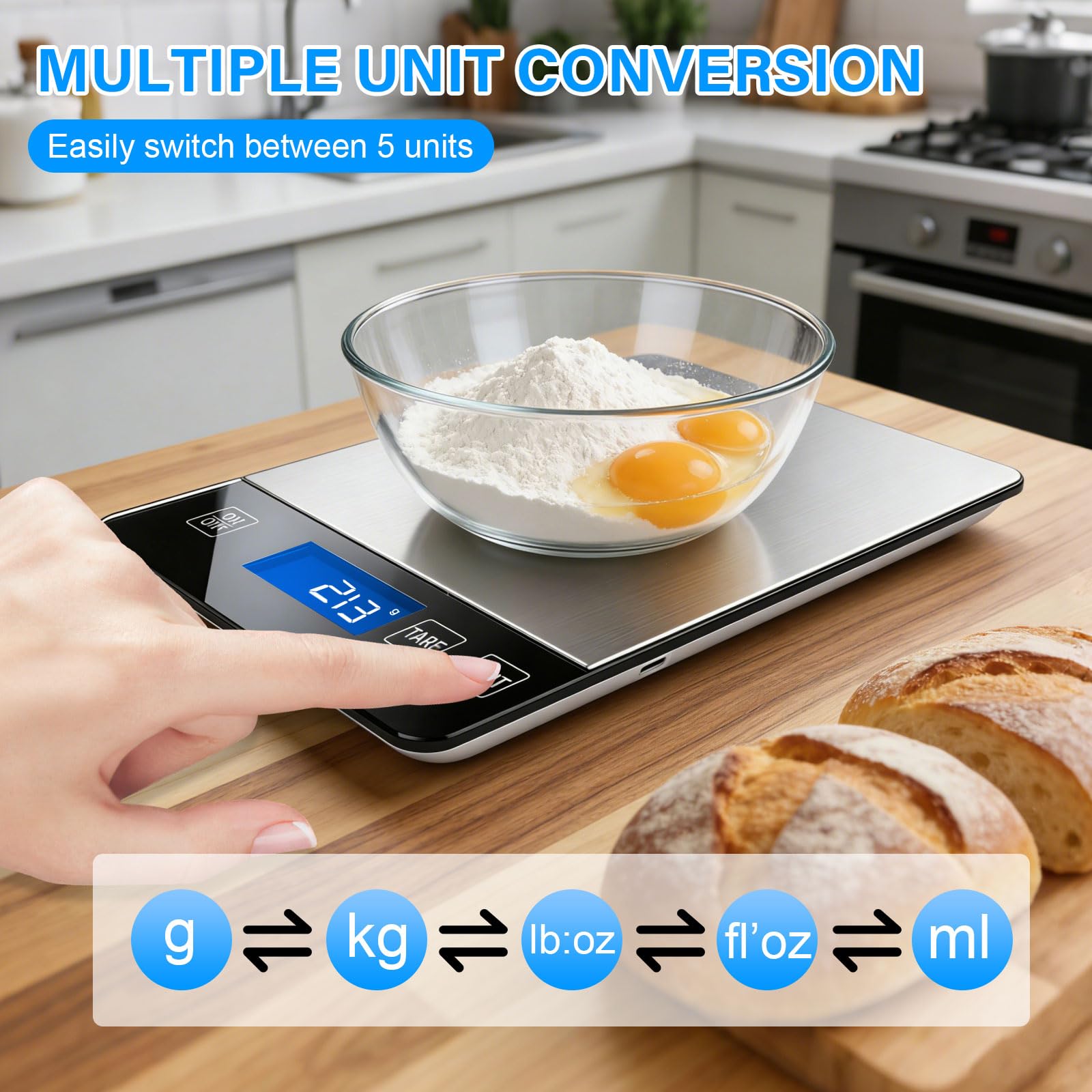 Báscula digital de cocina de 33 libras, peso en gramos y onzas libras/onzas/gramos se puede cambiar libremente para uso diario, material de acero inoxidable para hornear en casa
