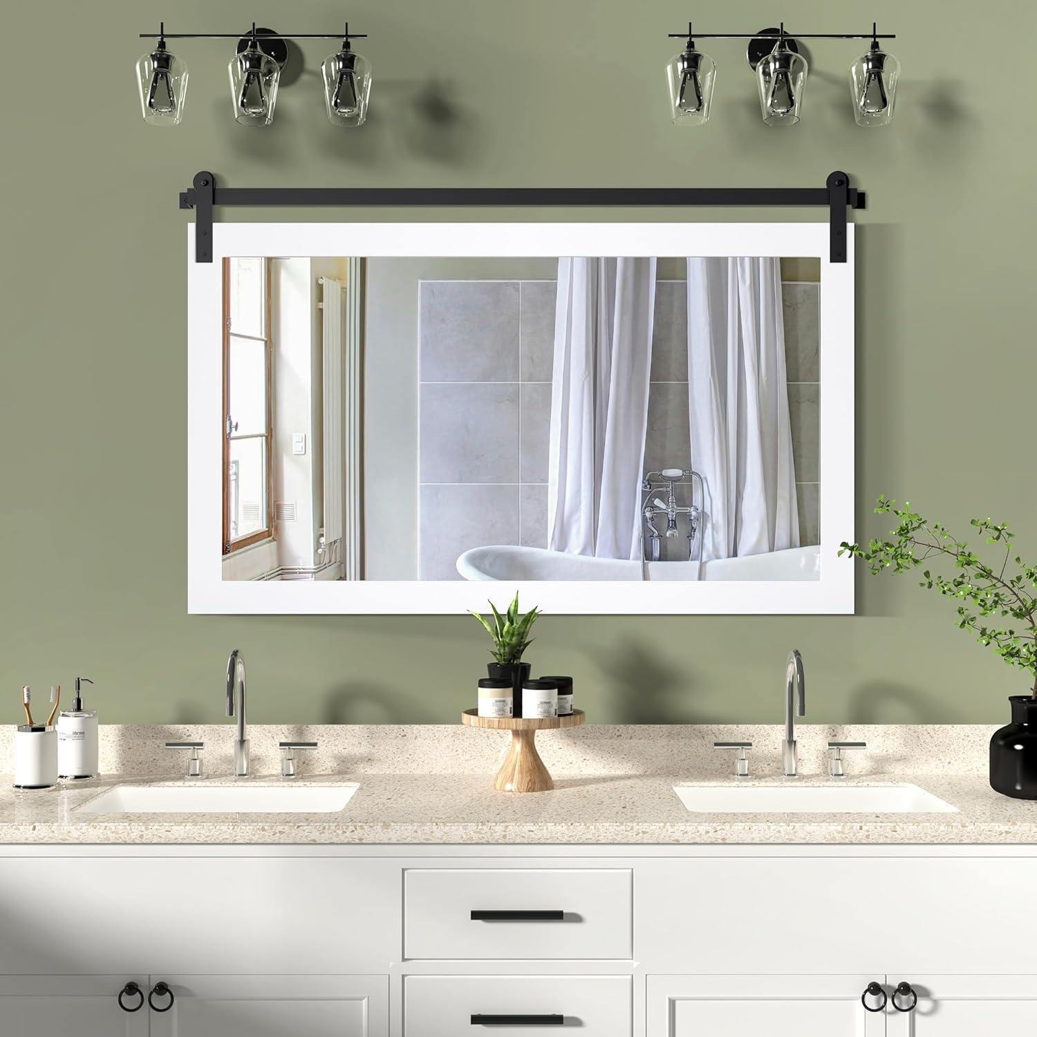 COGOOD Farmhouse Bathroom Mirror - 45 x 30 Rustic Wood Framed Wall Barn Door Mirror for Entryway, Living Room, Entryway Wall Decor (Pure White) Pure White 43.3"L x 27.6"W