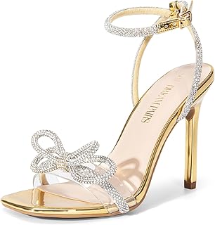 Women's Double Bowknots Crystal Sandals Clear Slingback Heels Square Toe Shoes for Party Wedding - Buy now