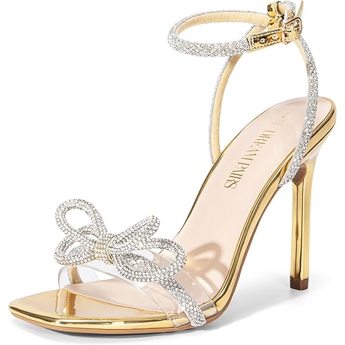 DREAM PAIRS Women's Double Bowknots Crystal Sandals Clear Slingback Heels Square Toe Shoes for Party Wedding