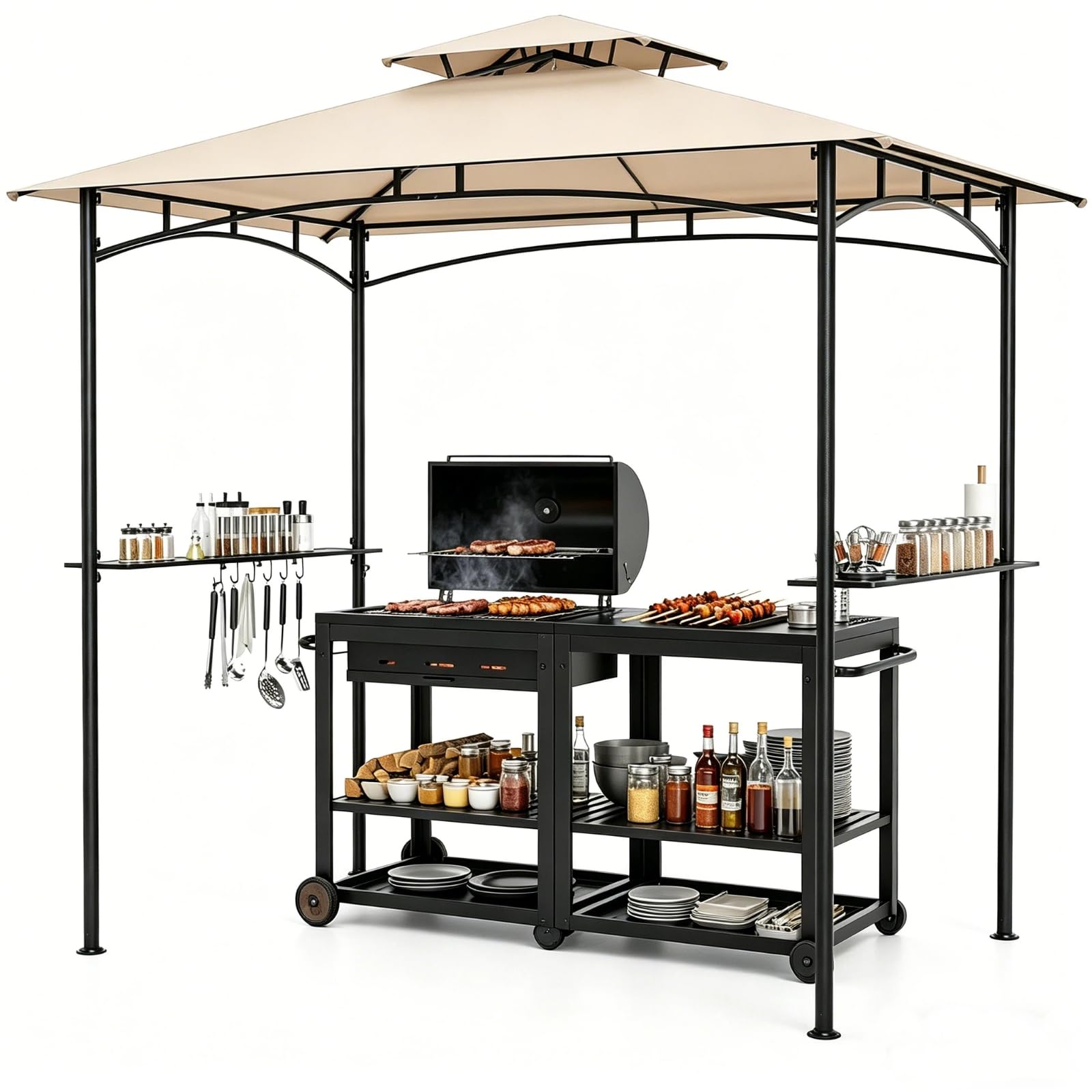 KOMFOTTEU Pawilon grillowy, pawilon BBQ z podwójnym dachem i ochroną przed słońcem, zadaszenie grilla z 2 półkami bocznymi i 6 haczykami, stojak na grilla z metalową ramą, do ogrodu i na taras, 242 x