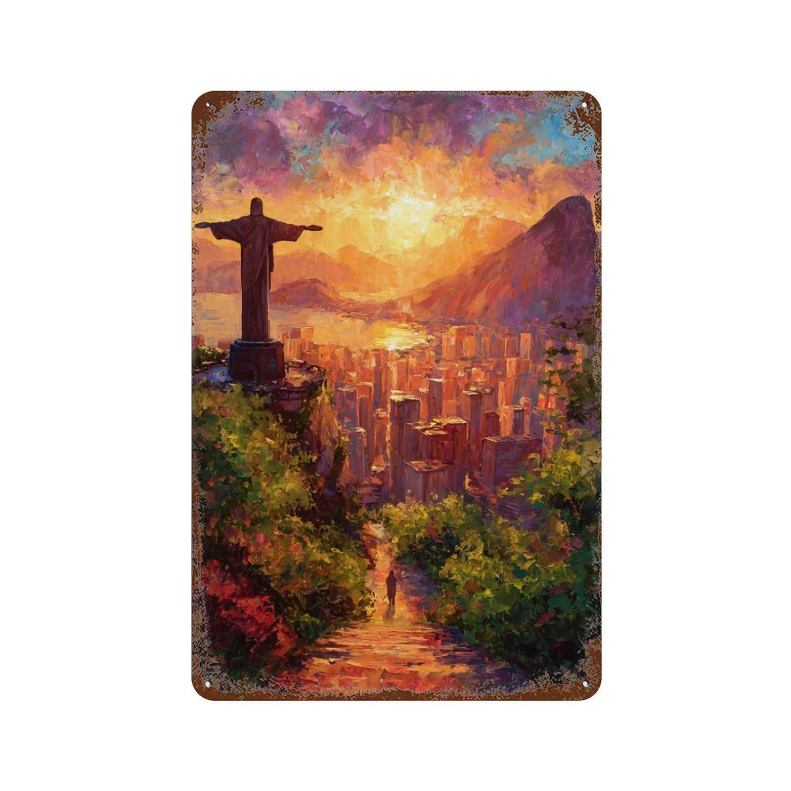 Garage Style Christ The Redeemer Sunset-1 Rustic Tin Plaque 11.8"x7.9", Vintage Wall Decor for Bar And Workshop