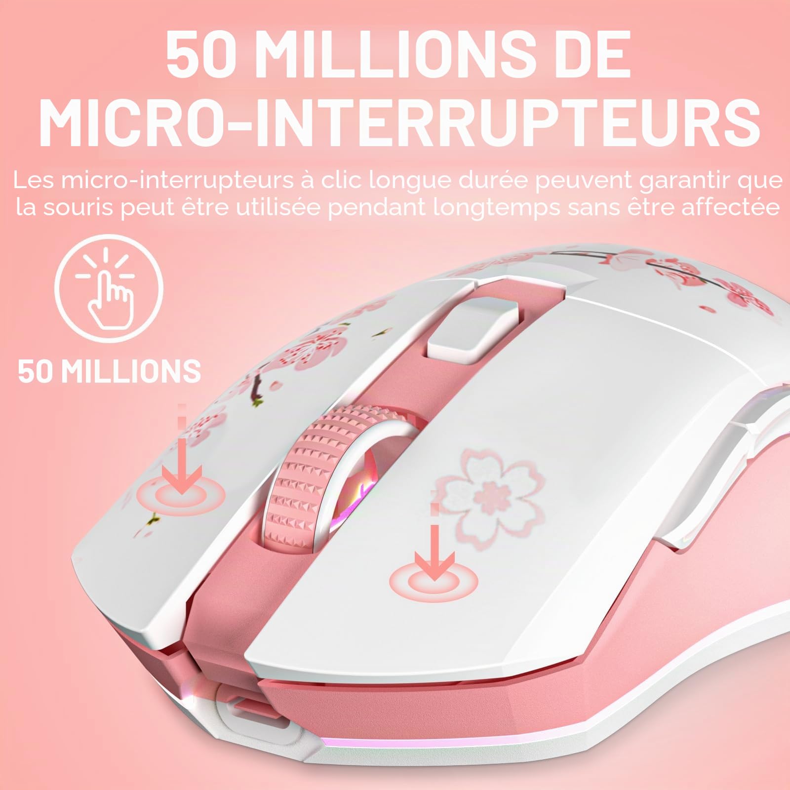 DAREU Sakura Souris sans Fil Rose avec Station de Chargement Rechargeable RGB, 12K DPI, 7 Boutons Programmables, Capteur Haute Précision 300IPS 1000Hz Souris Gamer pour PC Notebook Mac- Rose et Blanc