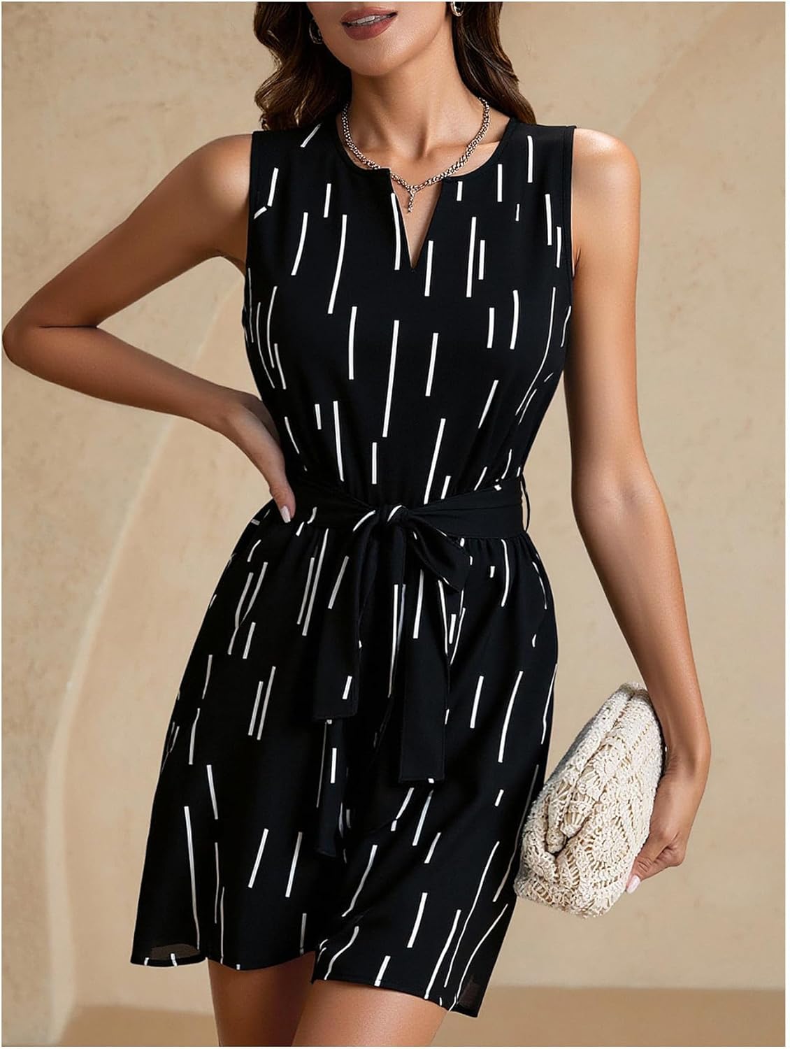 Women's Summer Geo Print Sleeveless Mini Dress Elegant Casual V Neck Belted A Line Flowy Dresses - Image 4