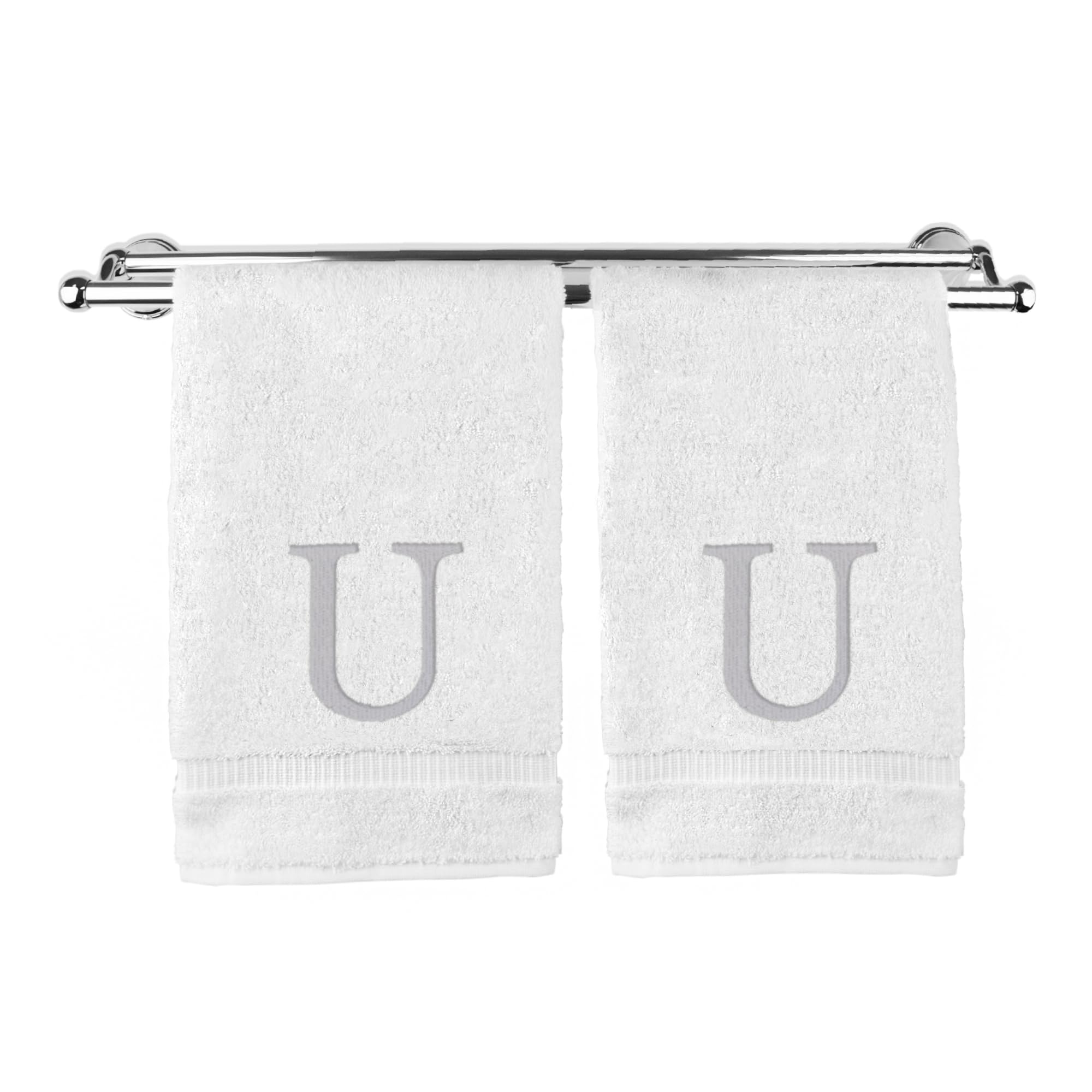 Toalla de mano con monograma, regalo personalizado, juego de 2 toallas bordadas con letras plateadas - Extra absorbente 100% algodón turco - Acabado de rizo suave - Inicial U blanca