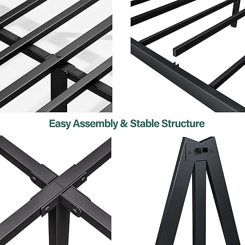 Miniatura 6 de Marco de cama de metal de tamaño Queen de 14 pulgadas de alto, no necesita somier, plataforma con cabecero y estribo, soporte resistente de 3500