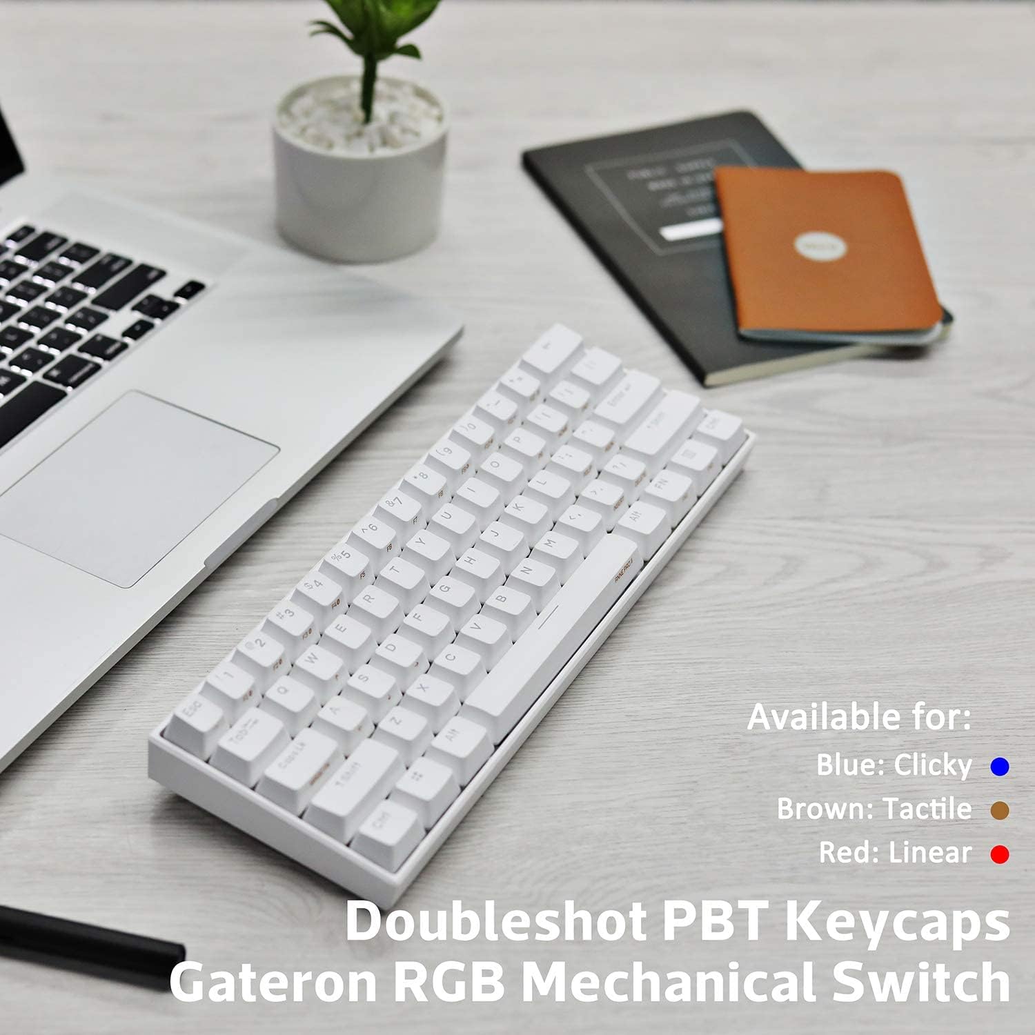 ANNE PRO 2D, 60% Wired/Wireless Mechanical Keyboard (Gateron Brown Switch/White Case) - Full Keys Programmable - True RGB Backlit - Tap Arrow Keys - Double Shot PBT Keycaps - NKRO - 1900mAh Battery