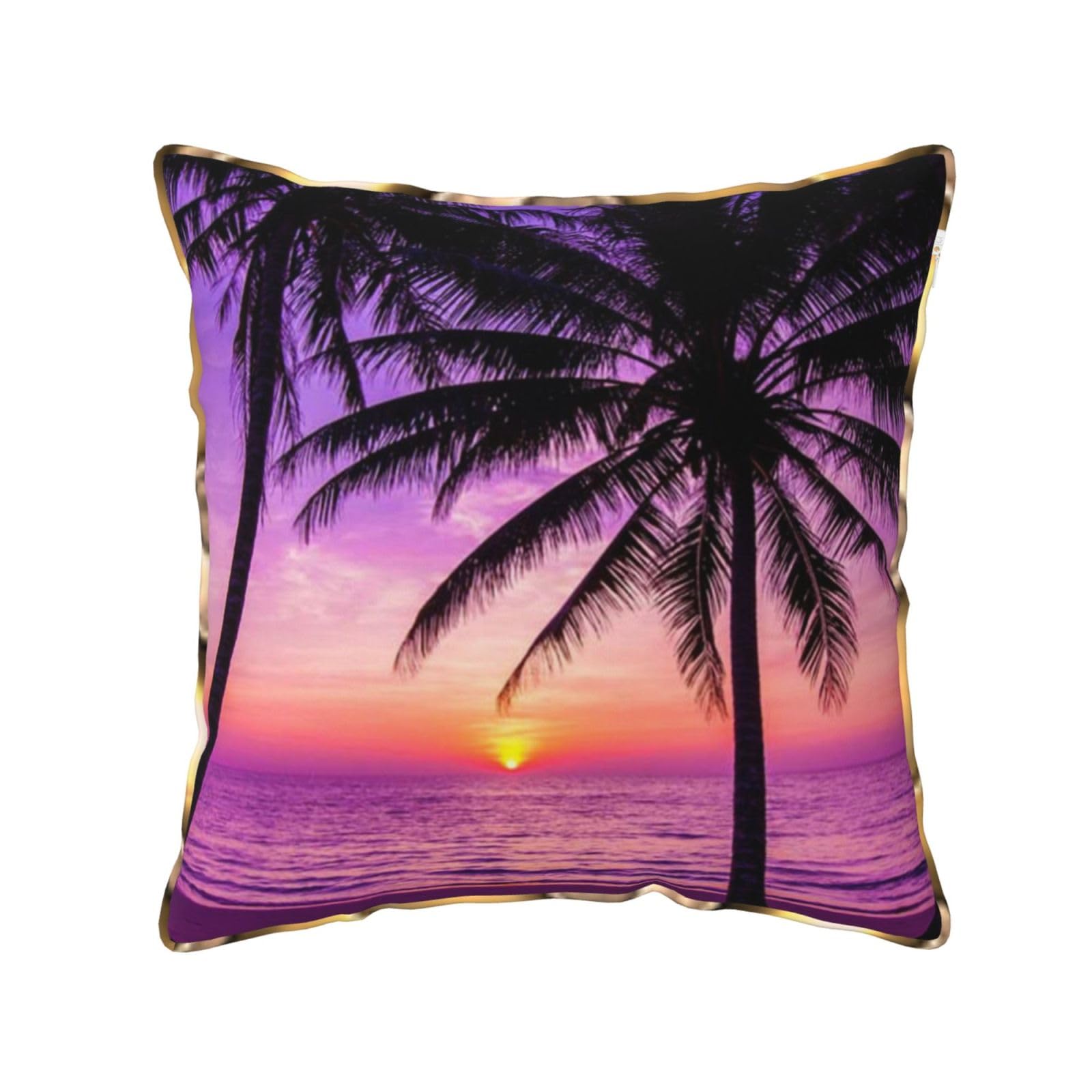 AUBKFELD Palm Trees at Sunset Printed Velvet Cushion Cover 40x40 CM with Gold Edging Strip, Square Pillowcase Soft Throw Pillow Covers Case Decorative for Living Room Sofa Couch Bed Bench