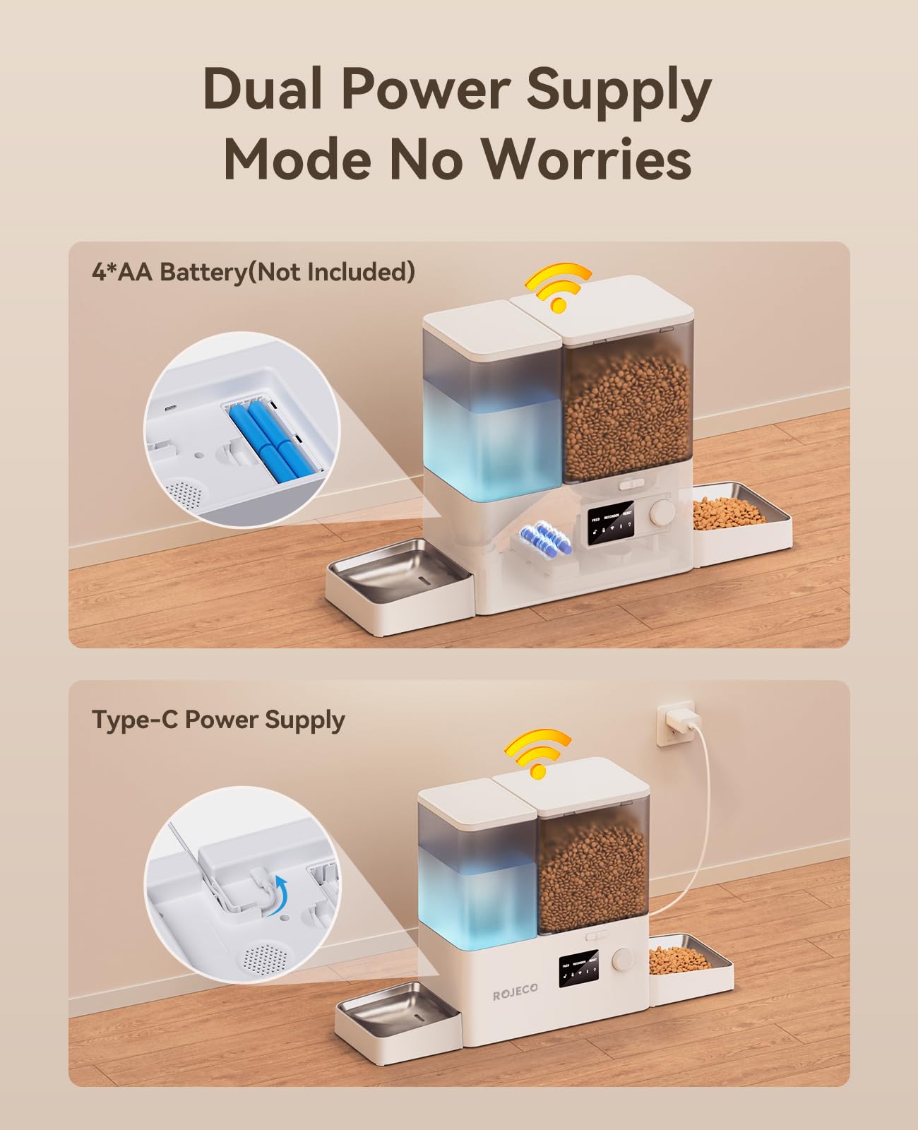 Rojeco 36Cups/8.5L WiFi Automatic Cat Feeder and Gravity Water Dispenser,Stainless Steel Bowls 2-in-1 Large Capacity 5L Food Dispenser with APP and 3.5L Water Fountain for Pets,Dogs,Puppies,Kittens