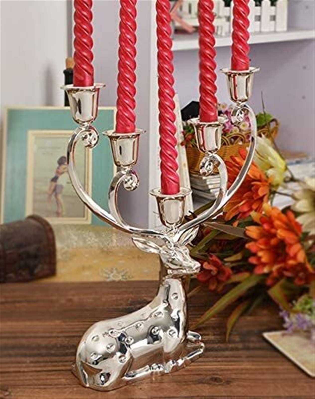 Portacandele a forma di renna in metallo con finitura argento lucido Candeliere decorativo a 5 bracci Candelabro in lega di zinco ，Portacandele