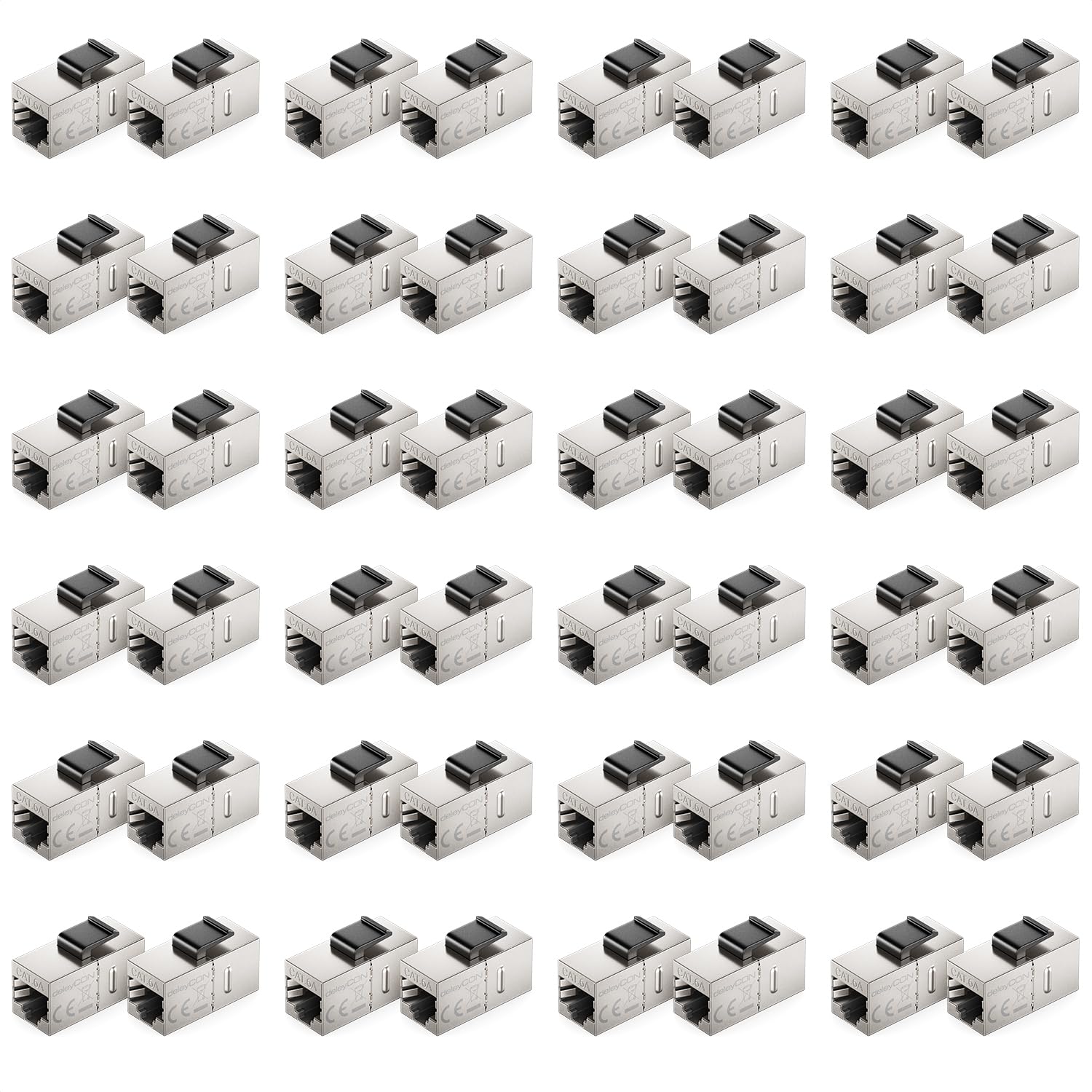 deleyCON Accoppiatore Keystone RJ45 CAT6A (Set da 48 Pezzi) - STP, 2x Presa RJ45, 10 Gbit/s, 500 MHz, Collegamento 1:1 - Argento