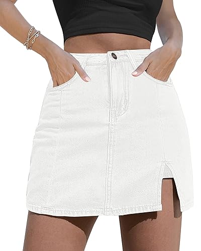 luvamia Skorts Skirts for Women Denim Mini Skirt Side Slit with High Waisted Jean Shorts Stretchy - X-Small - Brilliant White