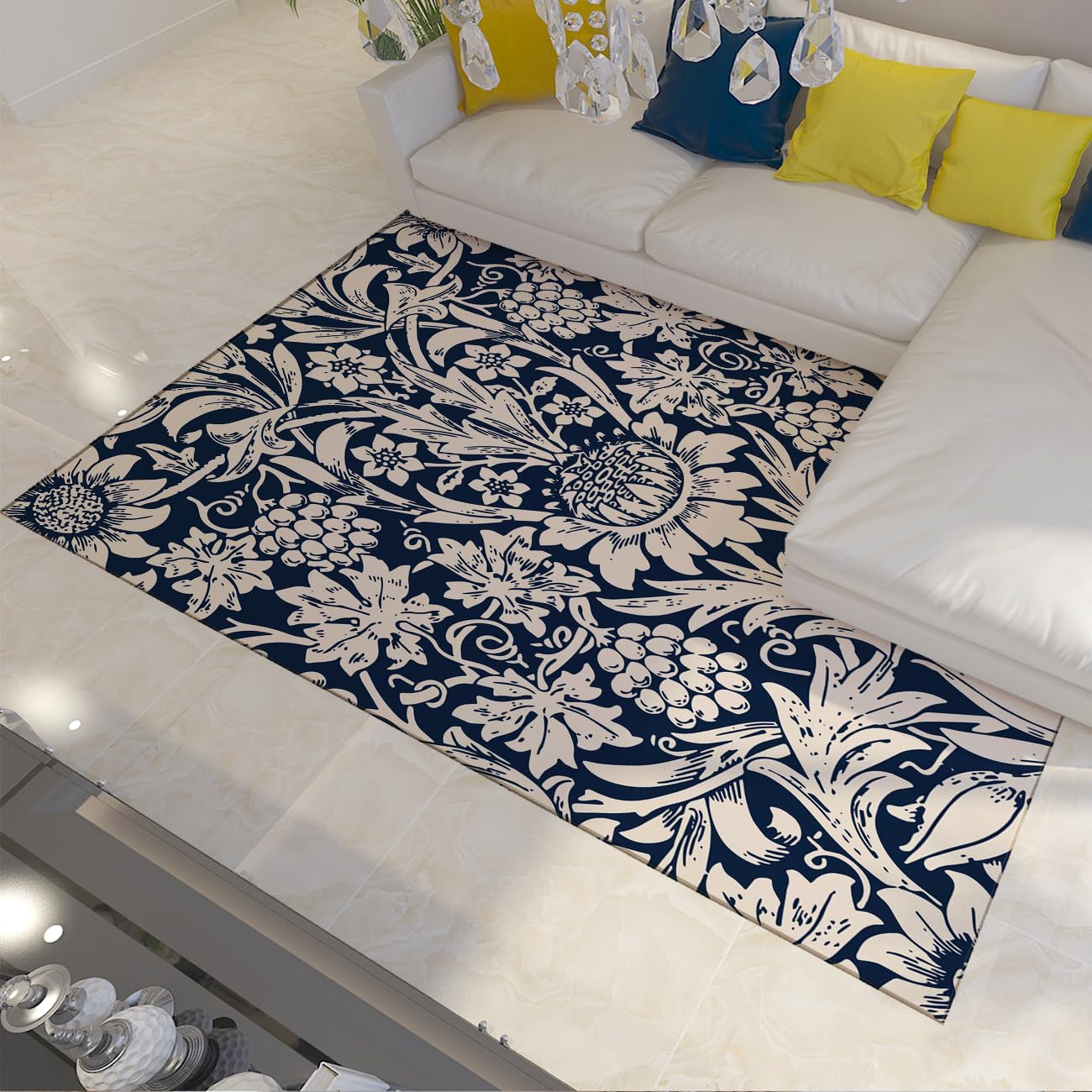 Tapis de cuisine vintage bleu lavable 140x200cm idéal pour coin repas et bureau d'étude