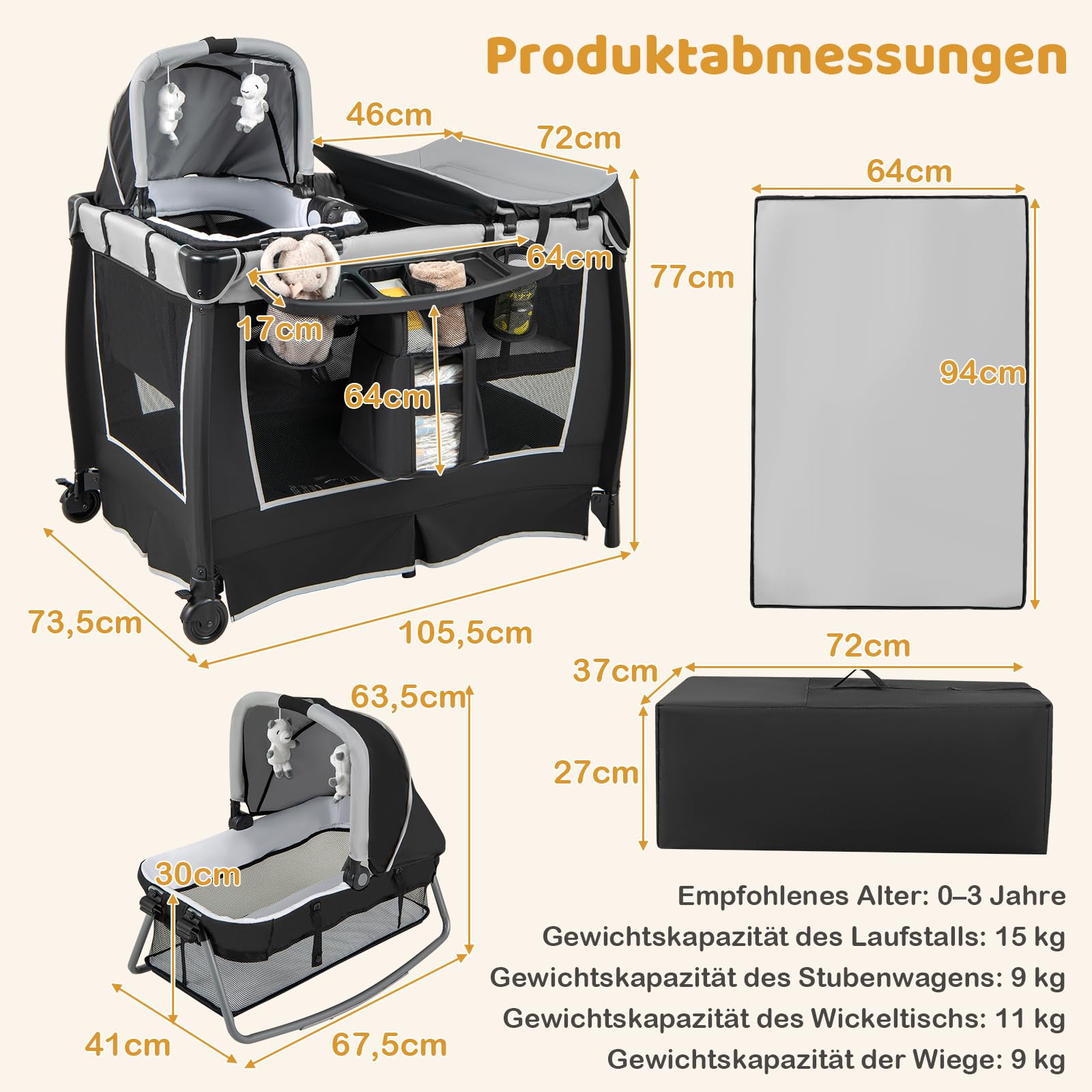 COSTWAY 6 in 1 Reisebett mit Matratze, mobile Babywiege mit verstellbarem Vordach, Babybett Beistellbett klappbar mit Wickelauflage, Spieluhr & Tragetasche für Baby bis 3 Jahre, 15 kg Belastbar (Grau)